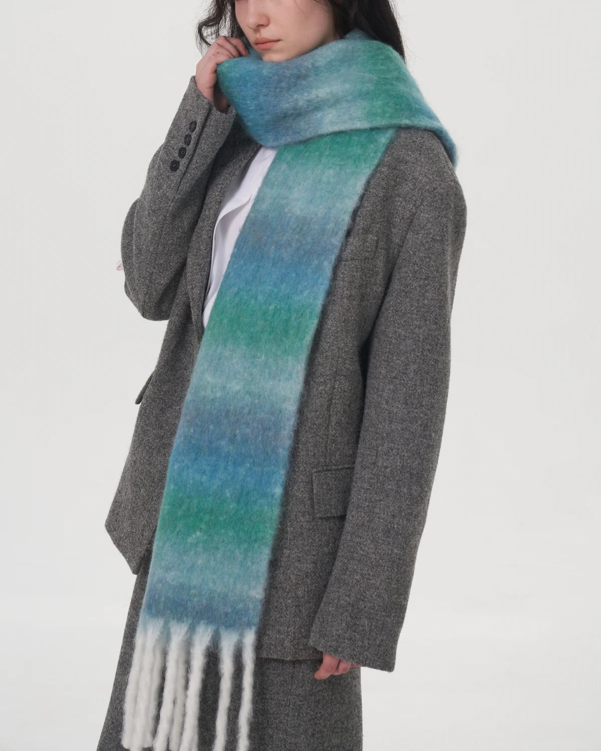 Mohair Gradient Wool Blend Tassel Blanket Scarf - Teal - Image 7