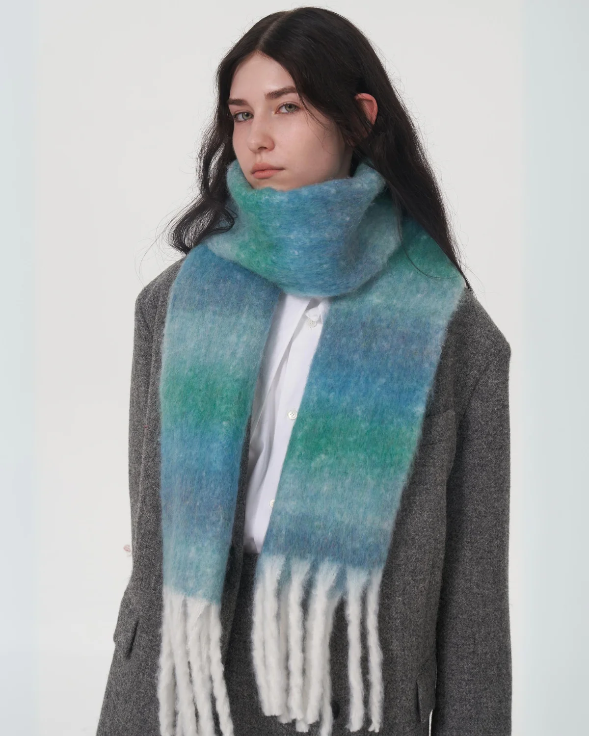 Mohair Gradient Wool Blend Tassel Blanket Scarf - Teal - Image 8
