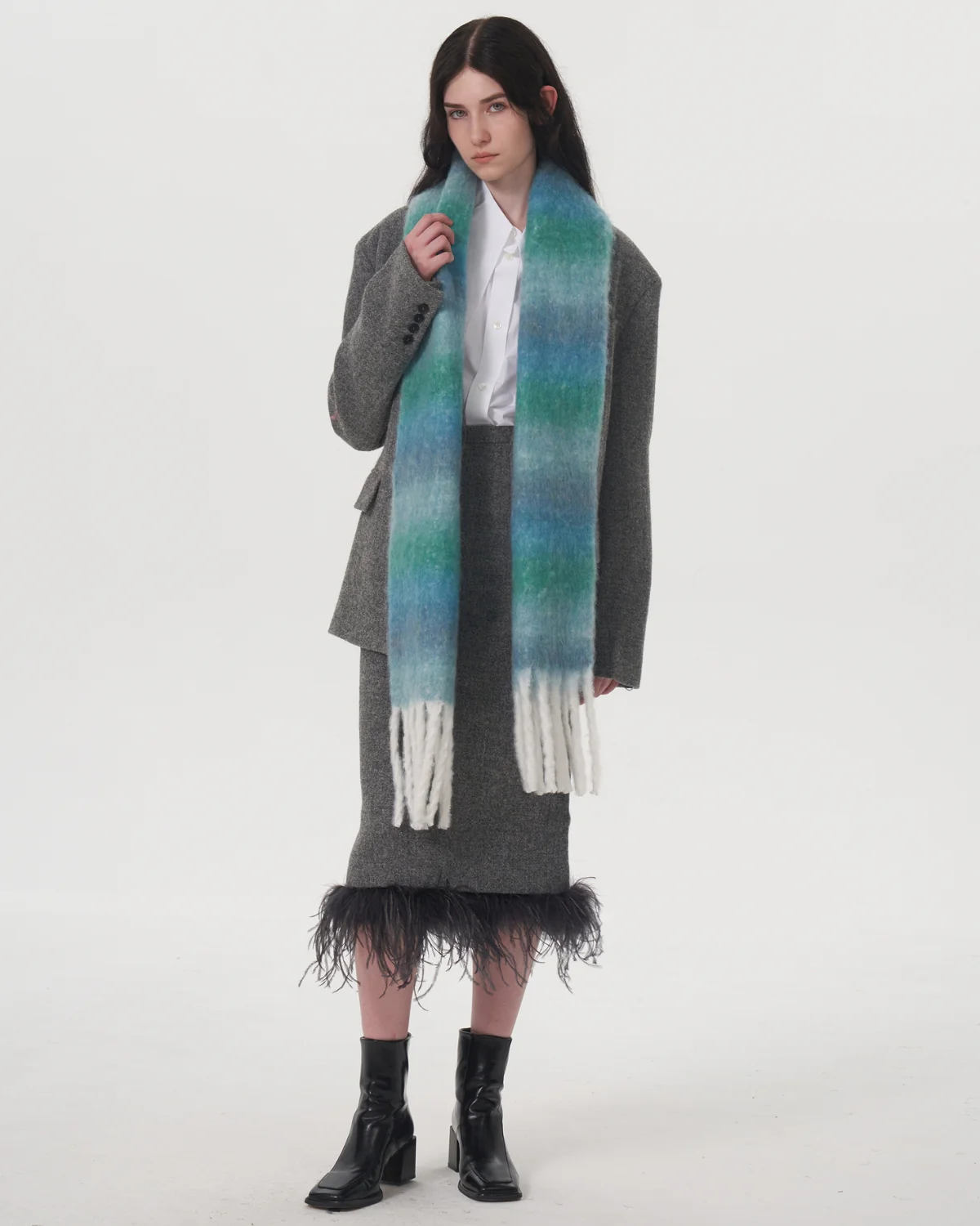 Mohair Gradient Wool Blend Tassel Blanket Scarf - Teal - Image 9