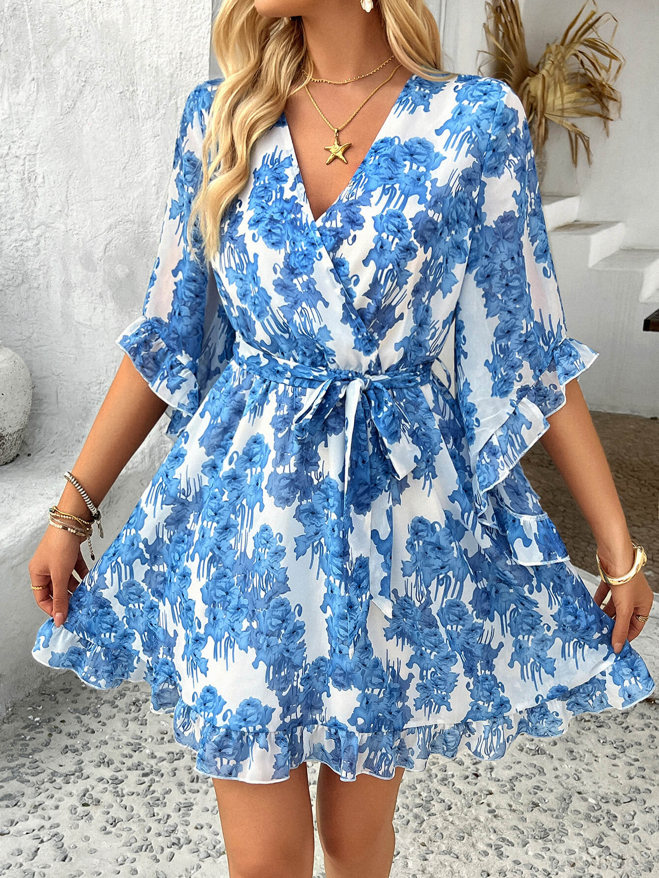 Molly Ruffle Floral Wrap Mini Dress - blue - Image 5