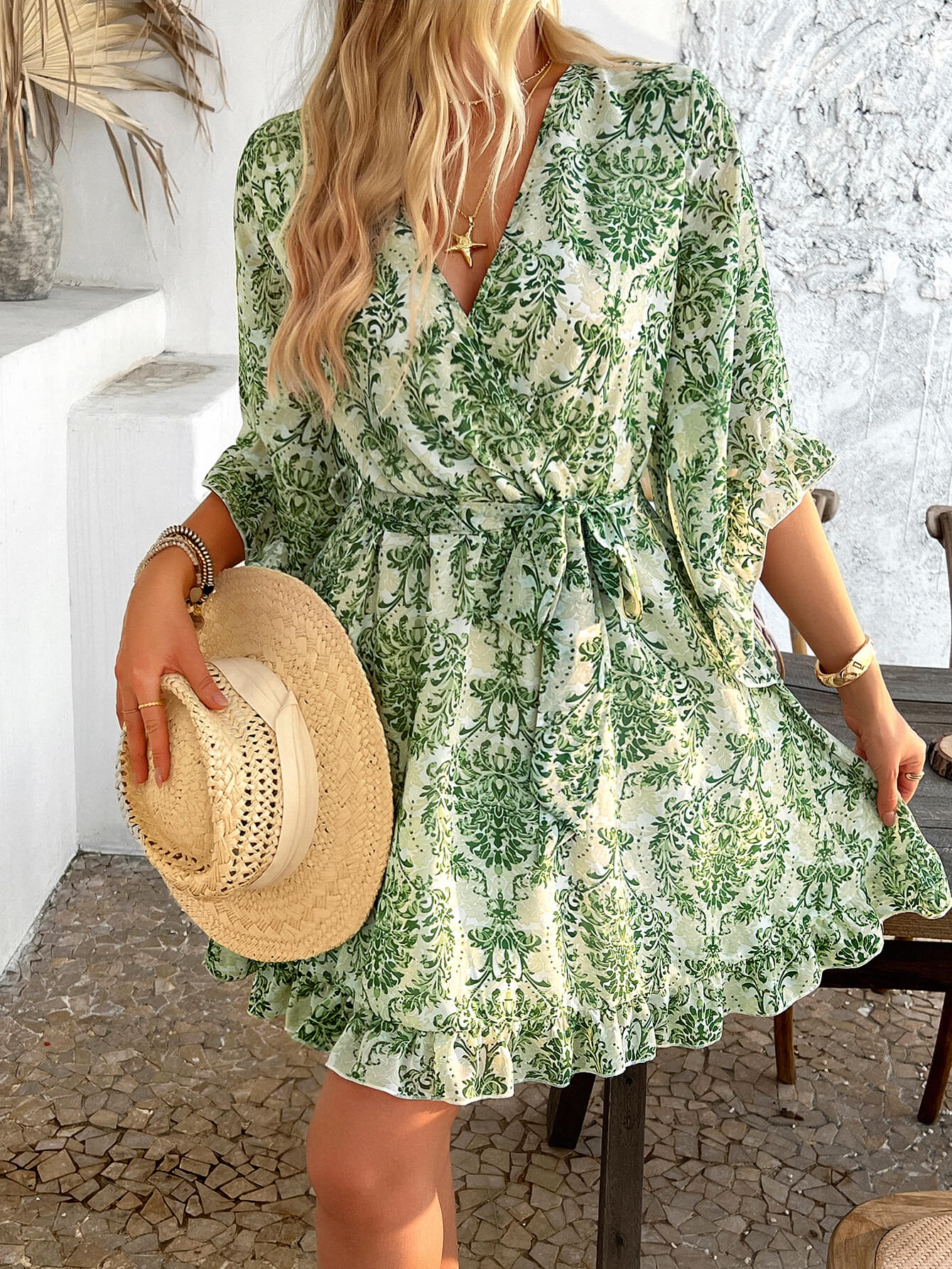 Molly Ruffle Floral Wrap Mini Dress - green