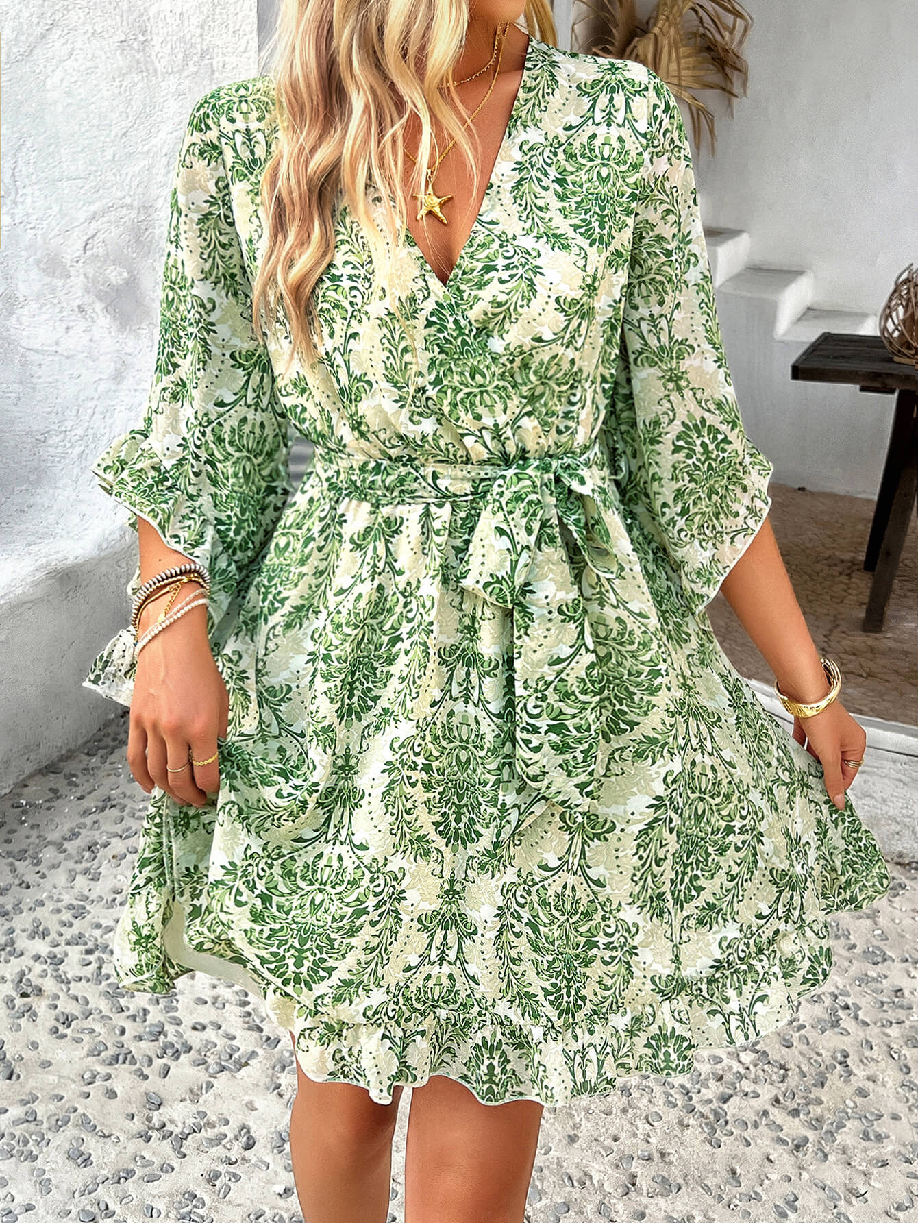 Molly Ruffle Floral Wrap Mini Dress - green - Image 4