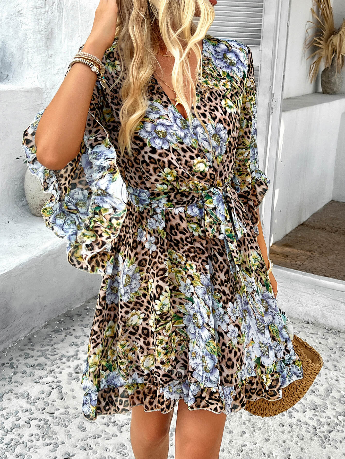 Molly Ruffle Floral Wrap Mini Dress - leopard - Image 4