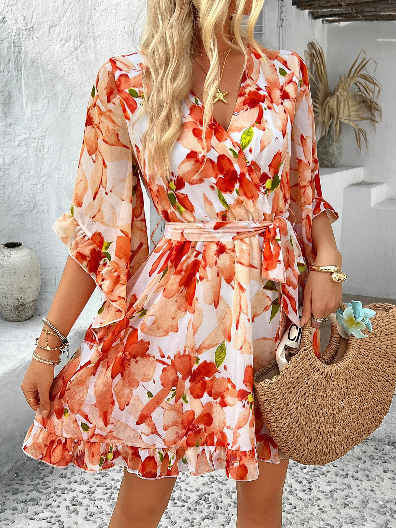 Molly Ruffle Floral Wrap Mini Dress - orange - Image 4