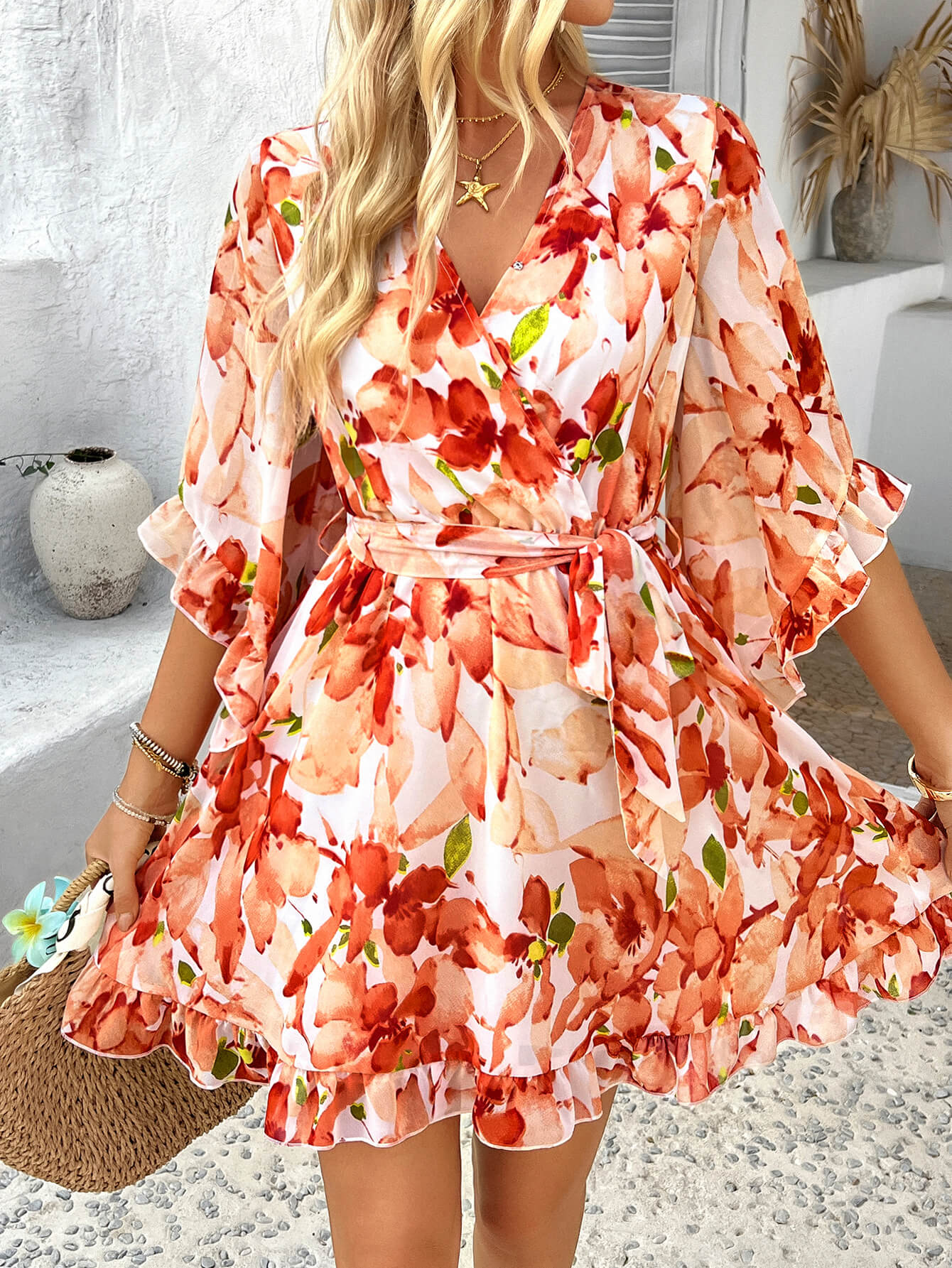 Molly Ruffle Floral Wrap Mini Dress - orange - Image 5