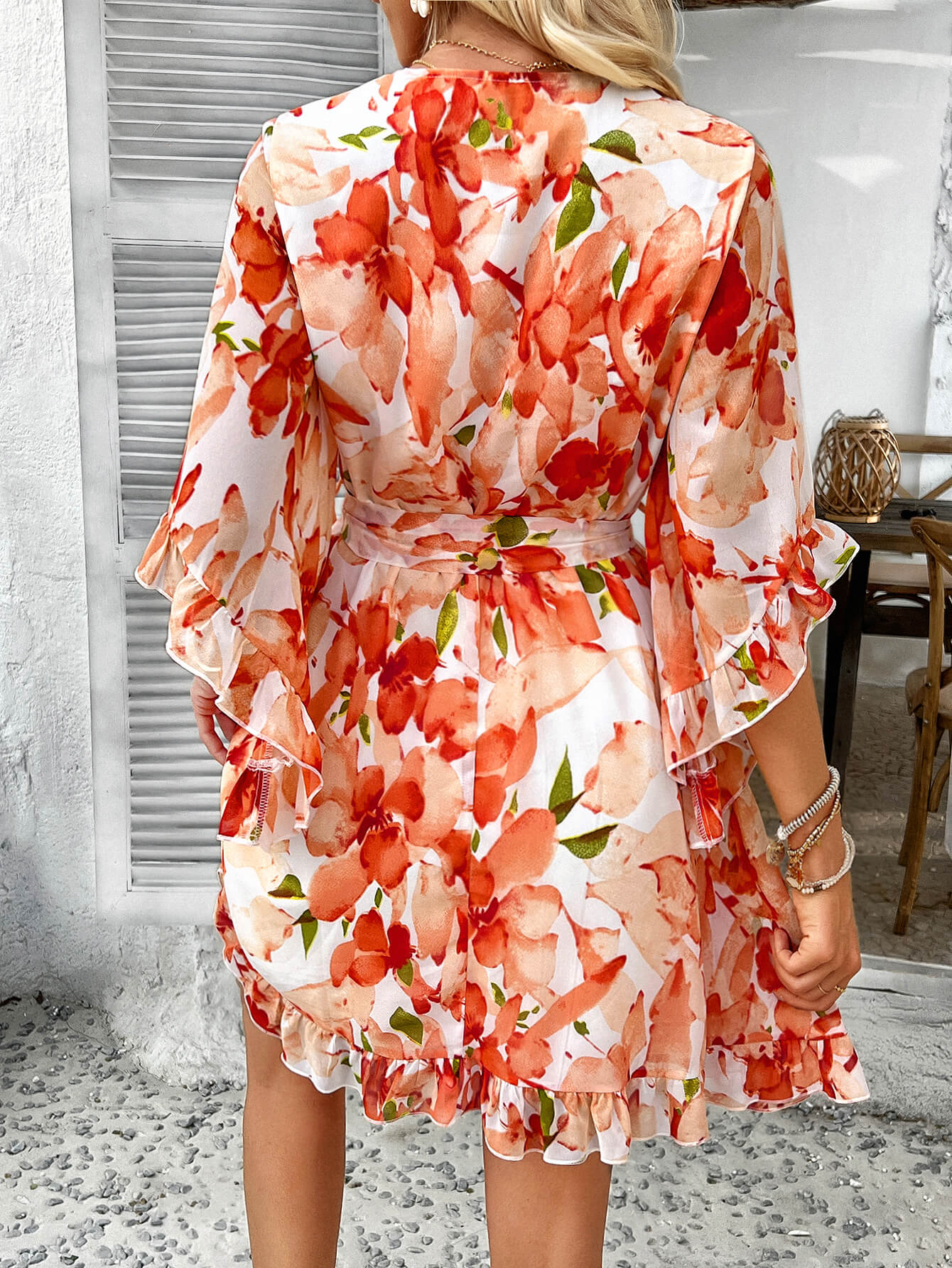 Molly Ruffle Floral Wrap Mini Dress - orange - Image 6