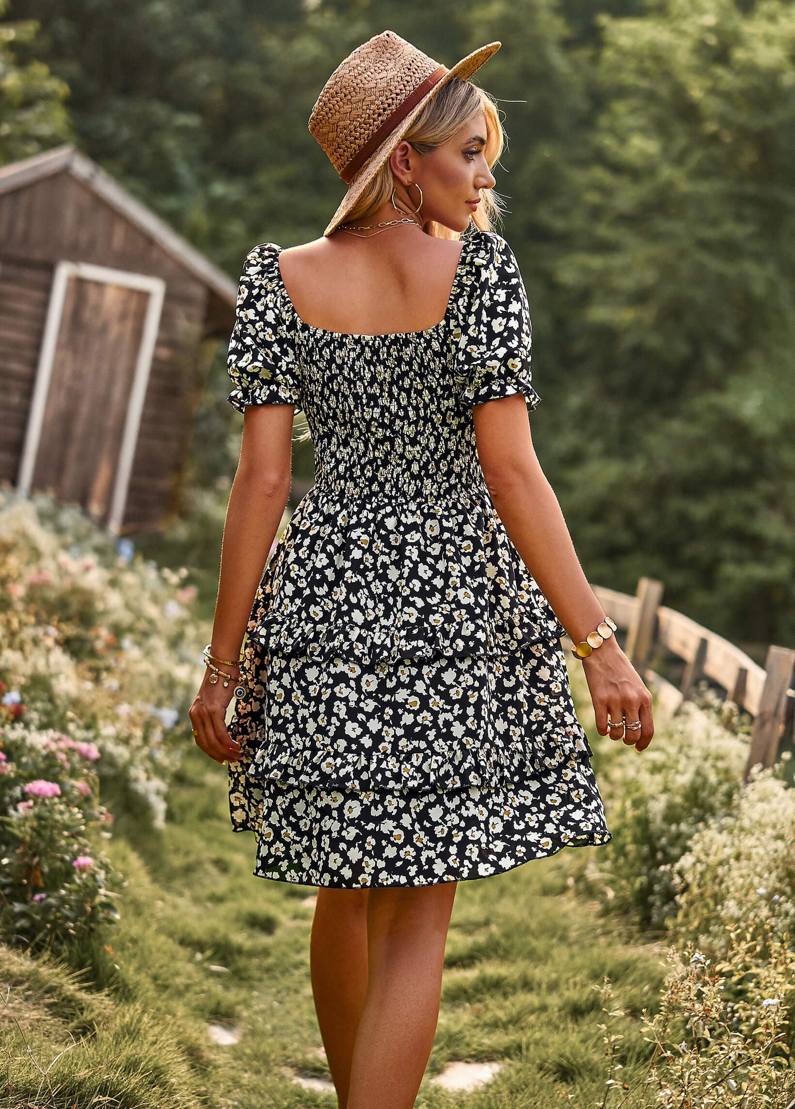 MOMENT IN DAISY SMOCKED MINI DRESS - BLACK - Image 3
