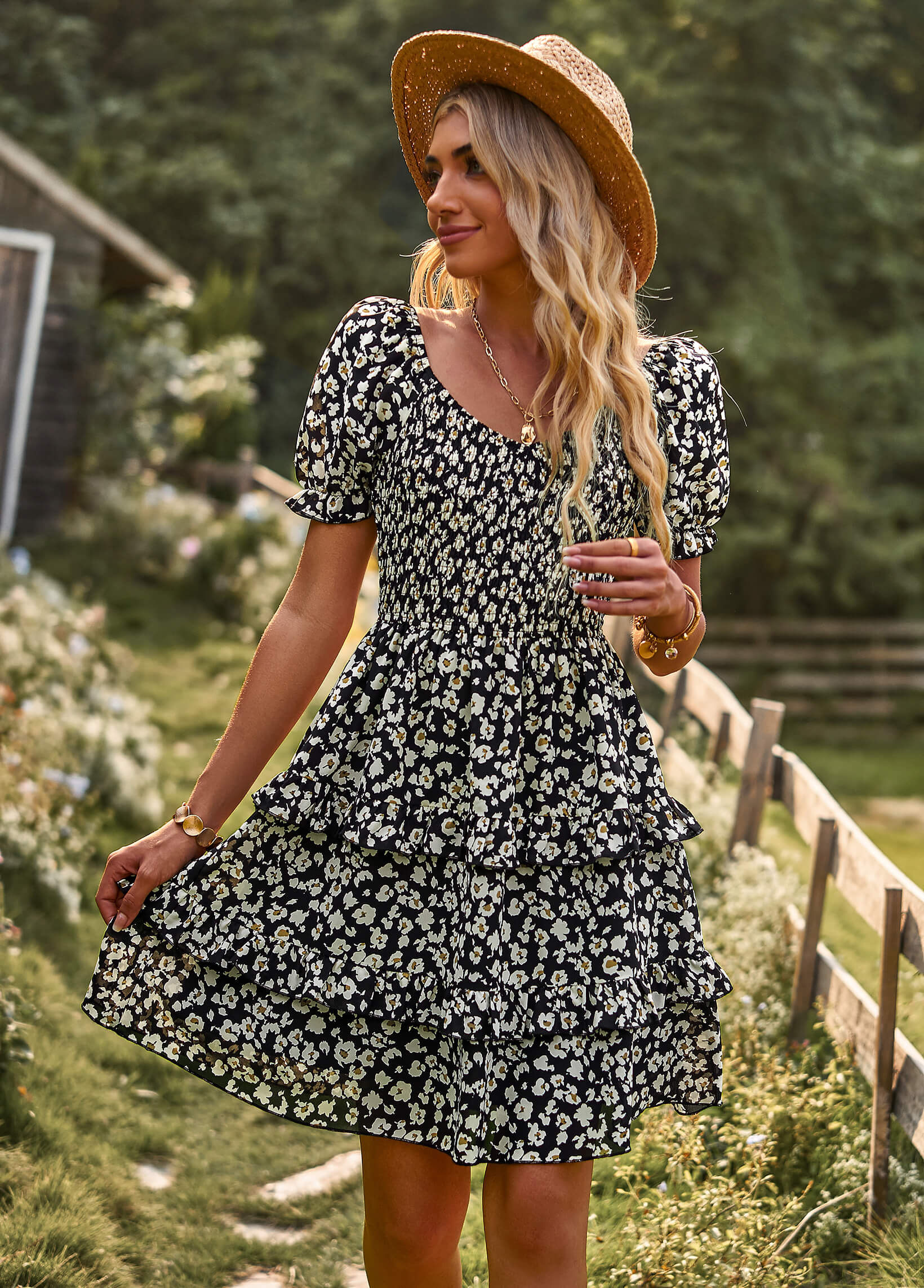 MOMENT IN DAISY SMOCKED MINI DRESS - BLACK - Image 4