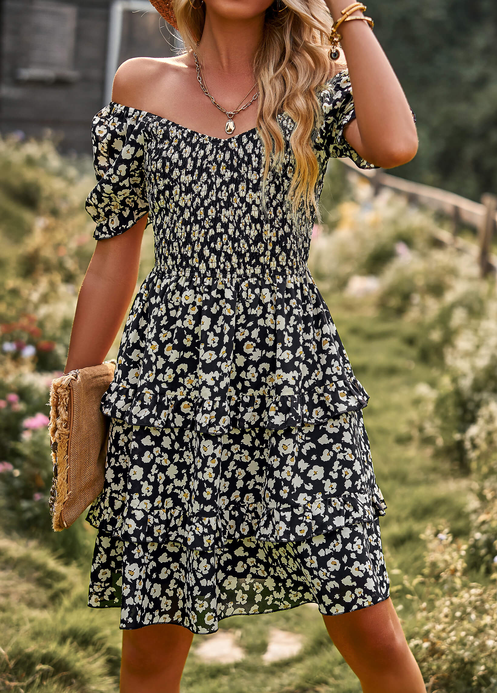 MOMENT IN DAISY SMOCKED MINI DRESS - BLACK - Image 6