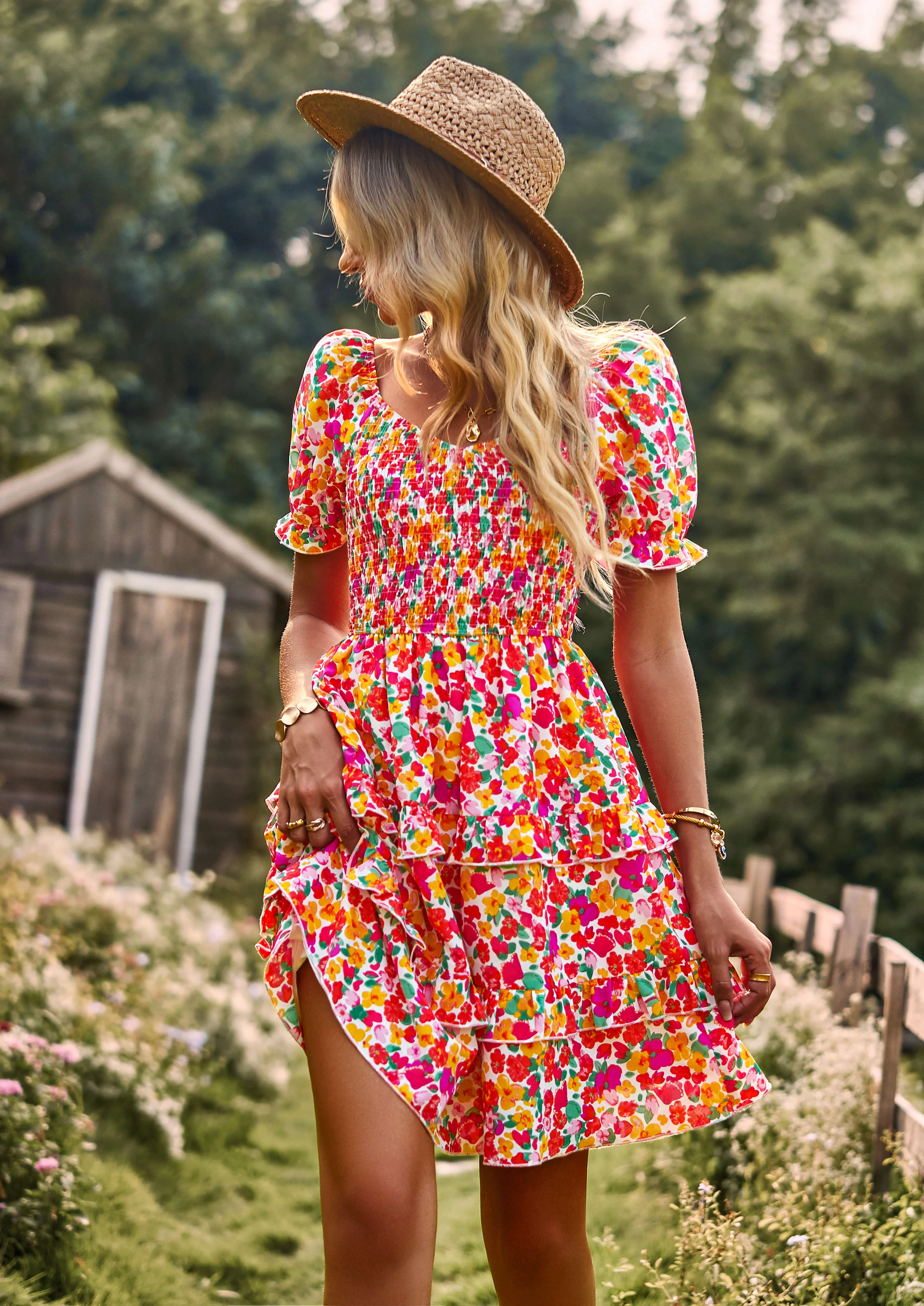 MOMENT IN DAISY SMOCKED MINI DRESS - RED - Image 2