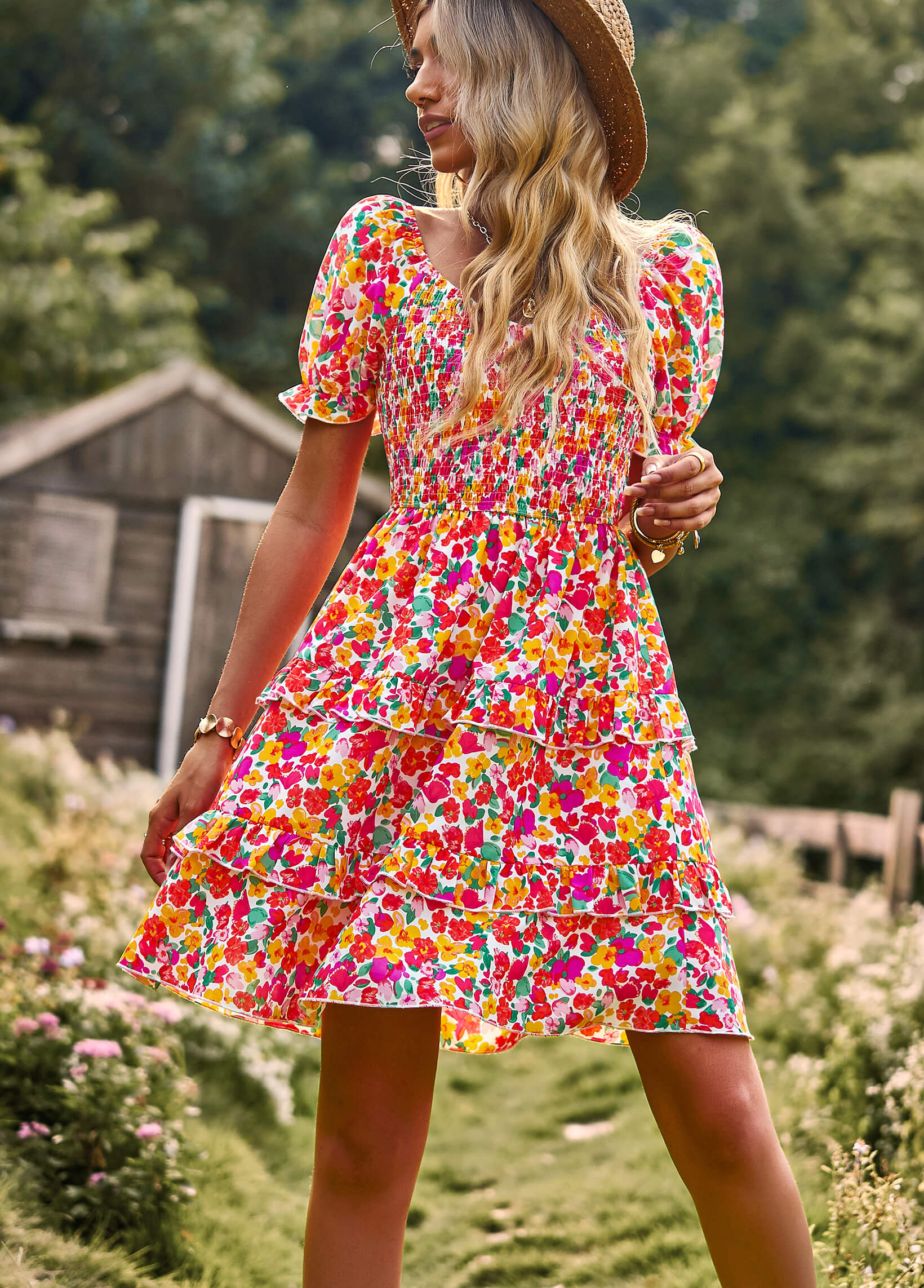 MOMENT IN DAISY SMOCKED MINI DRESS - RED - Image 4