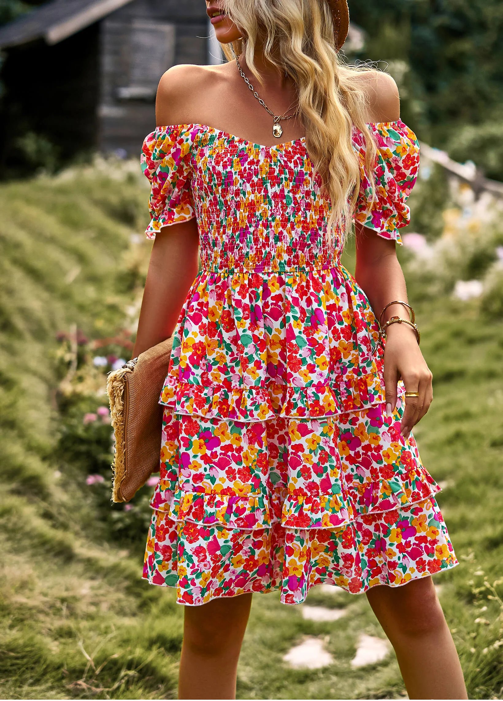 MOMENT IN DAISY SMOCKED MINI DRESS - RED - Image 6