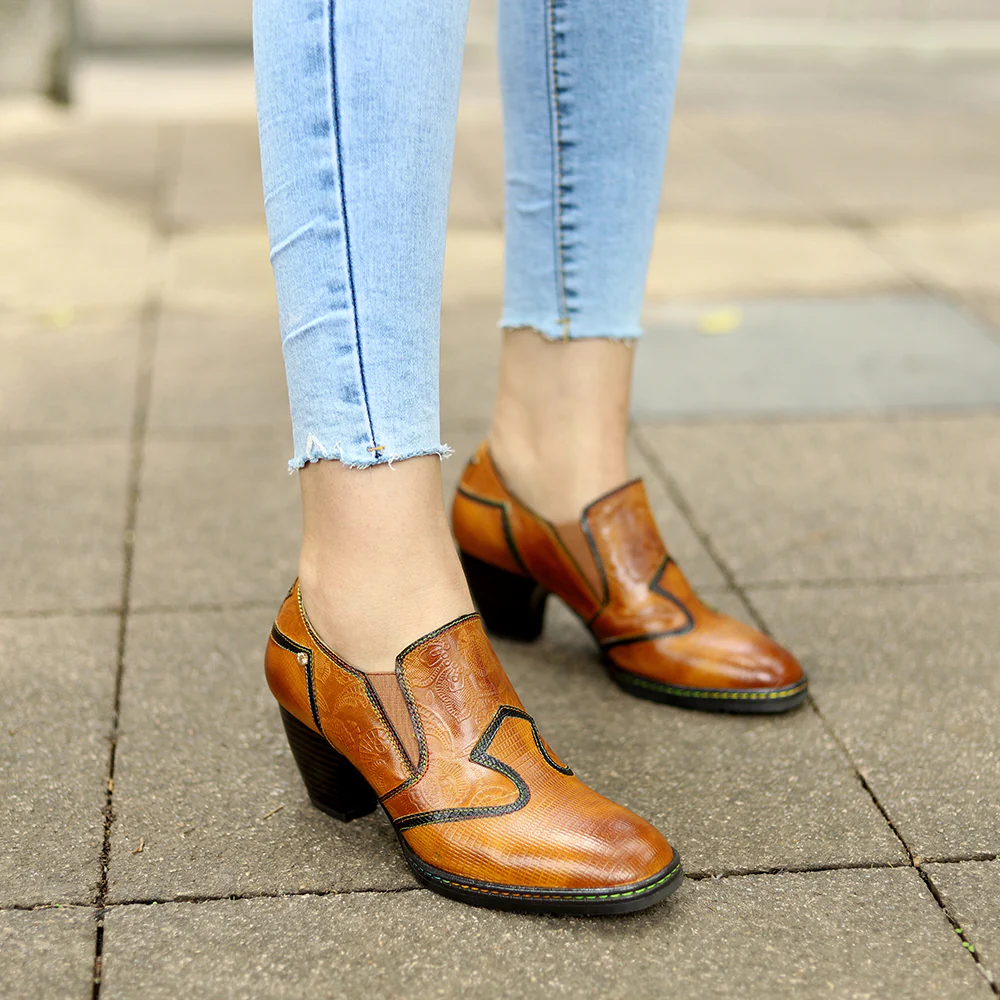 SOFFIA Genuine Leather Stitch Contrast Trim Heel Boots Loafers - Image 7