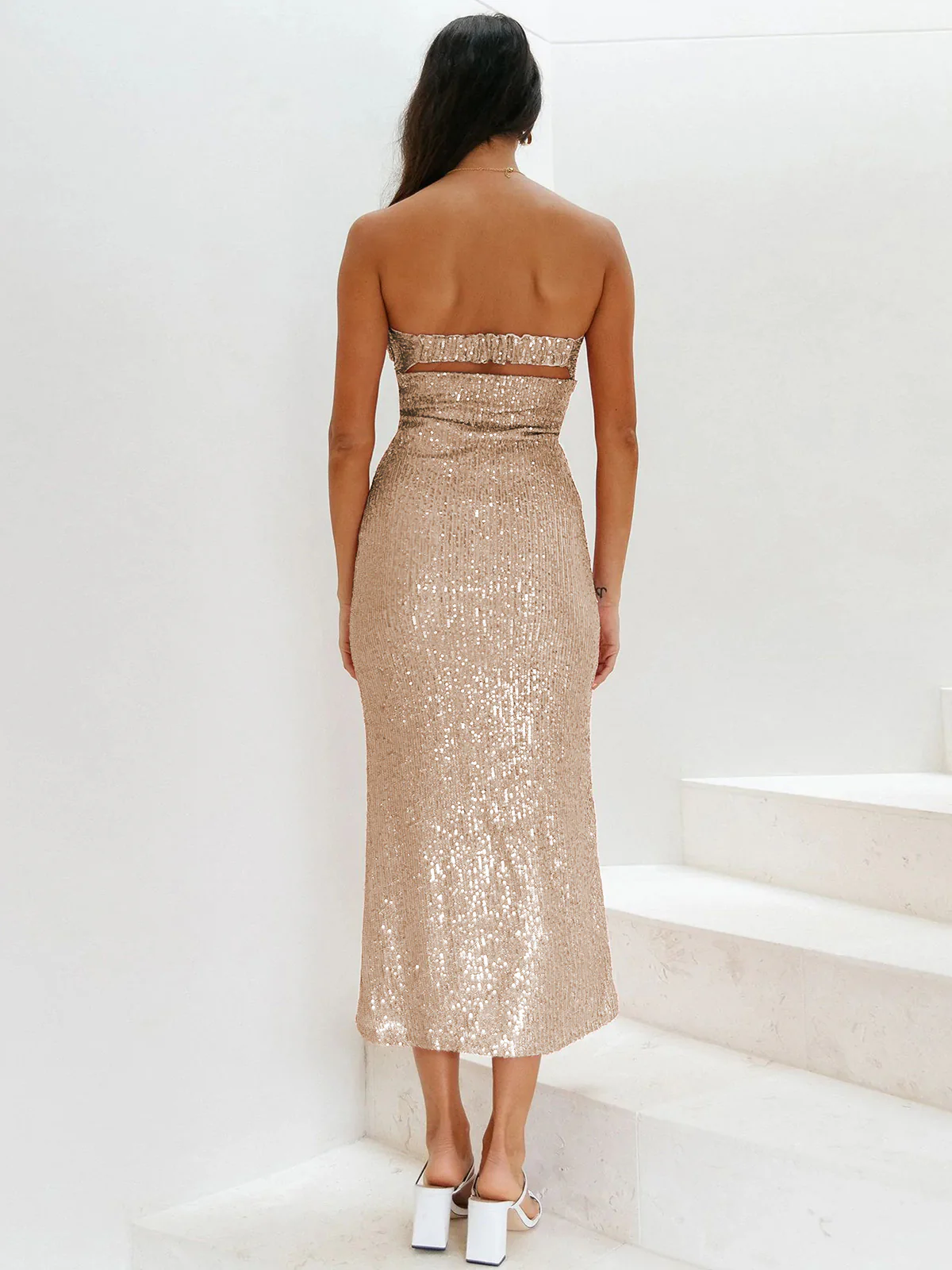 My Moment Sequin Strapless Maxi Dress - Champagne - Image 7