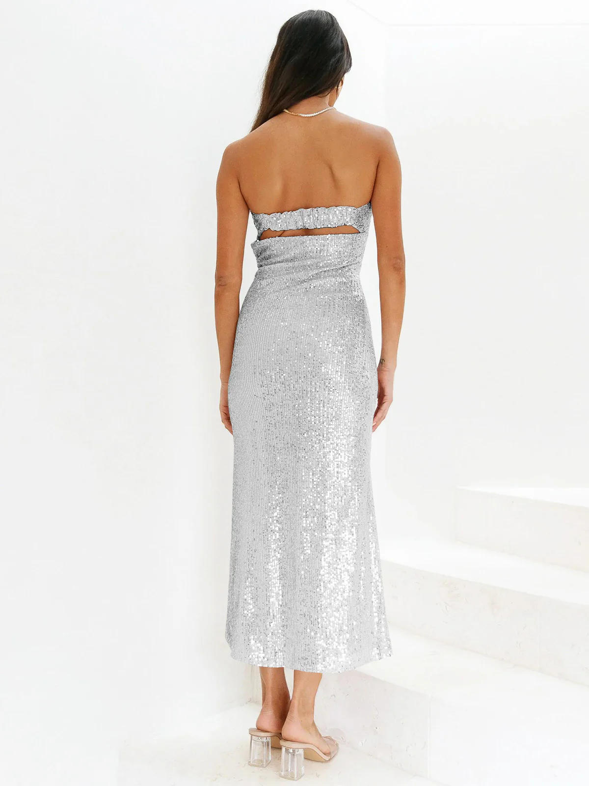 My Moment Sequin Strapless Maxi Dress - Silver - Image 5