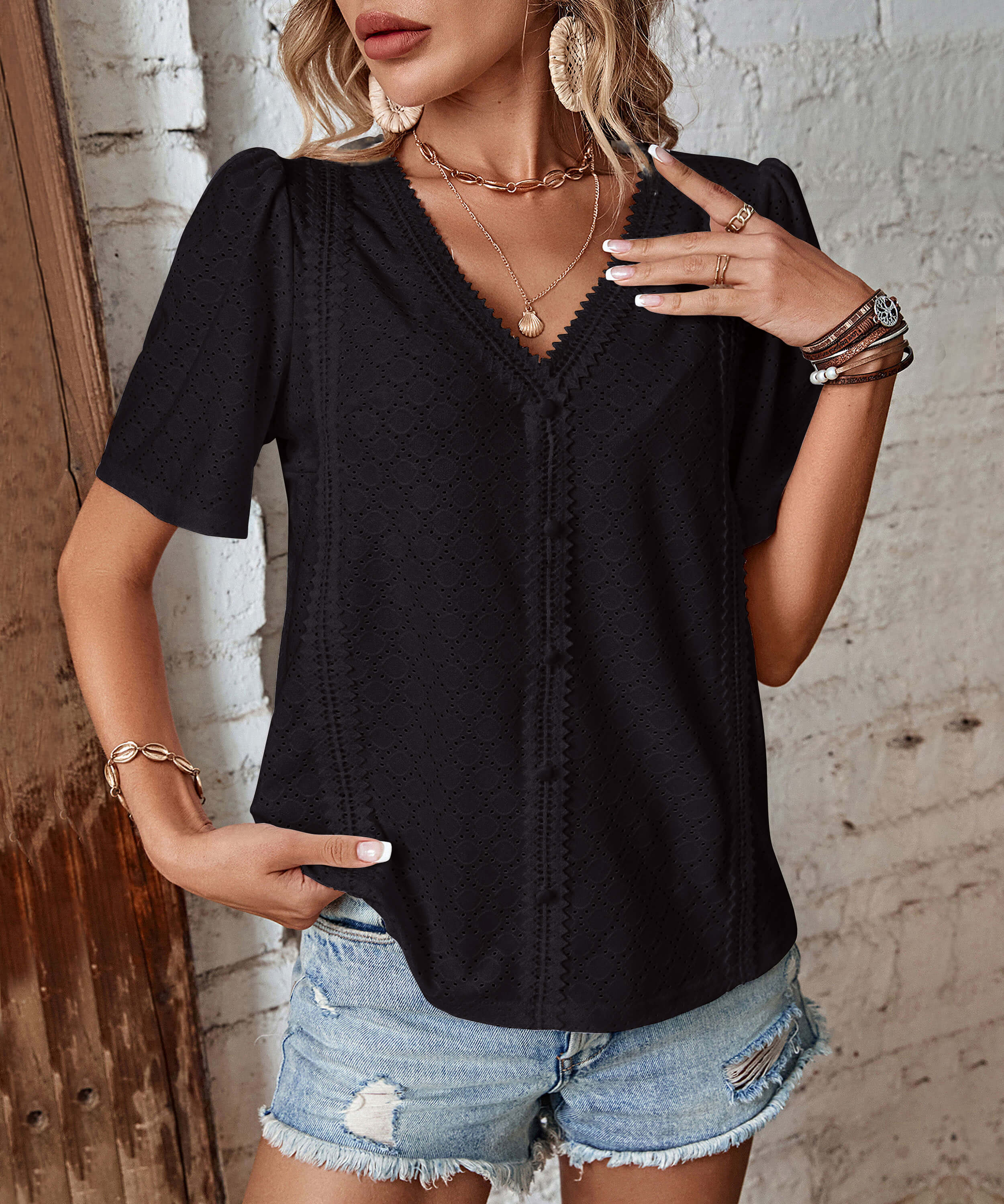Nala Sheer Short Sleeve Top - Black - Image 2