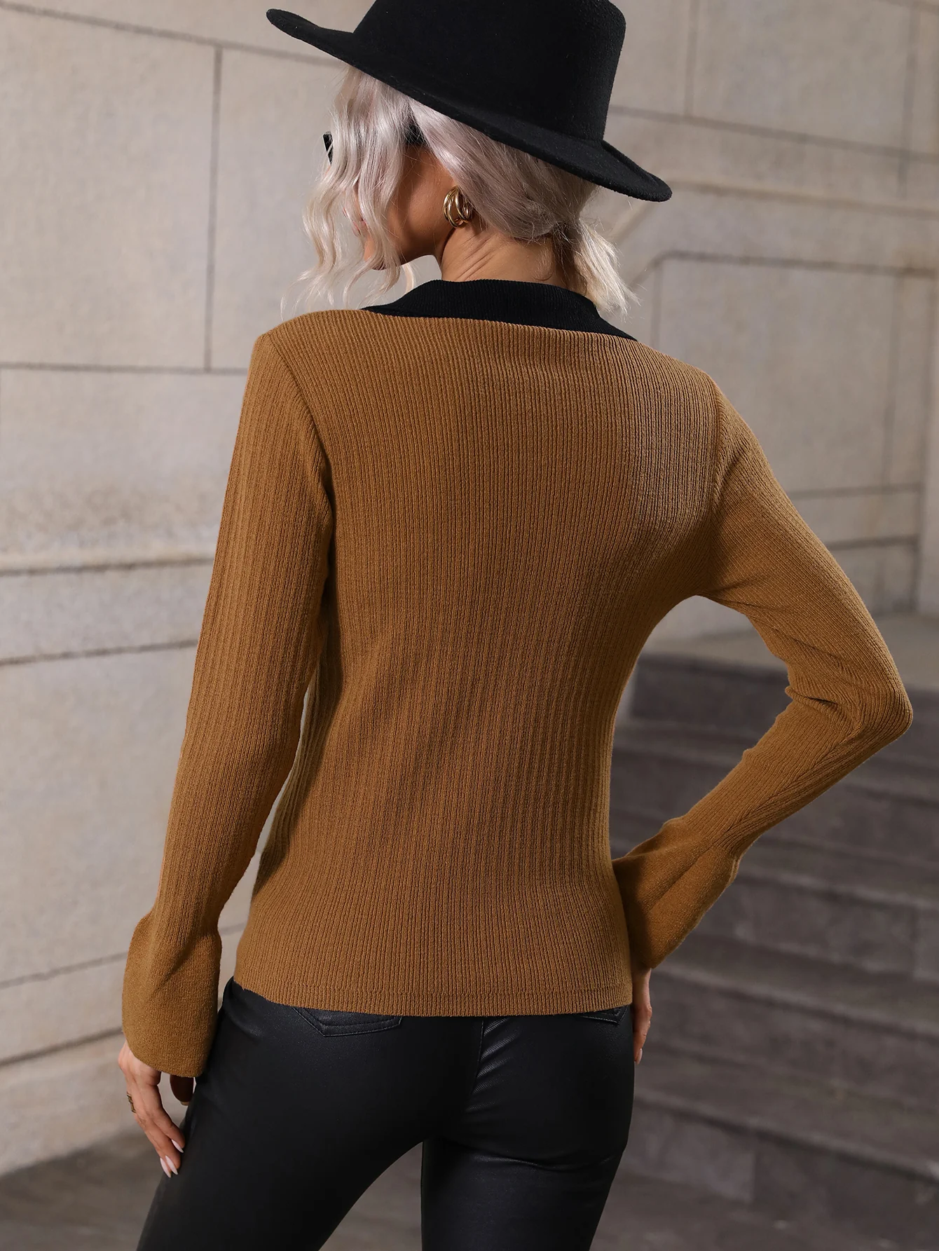 NAOMI RIBBED KNIT TOP - BROWN - Image 3