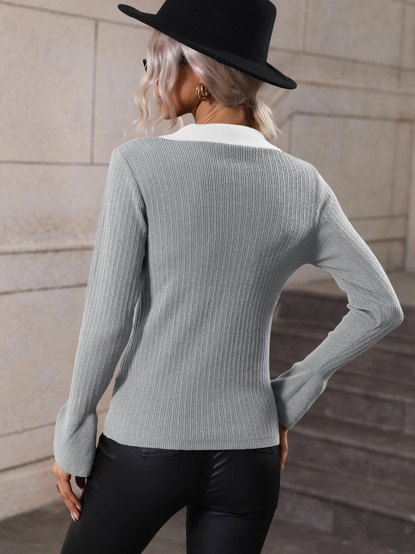 NAOMI RIBBED KNIT TOP - GREY - Image 3