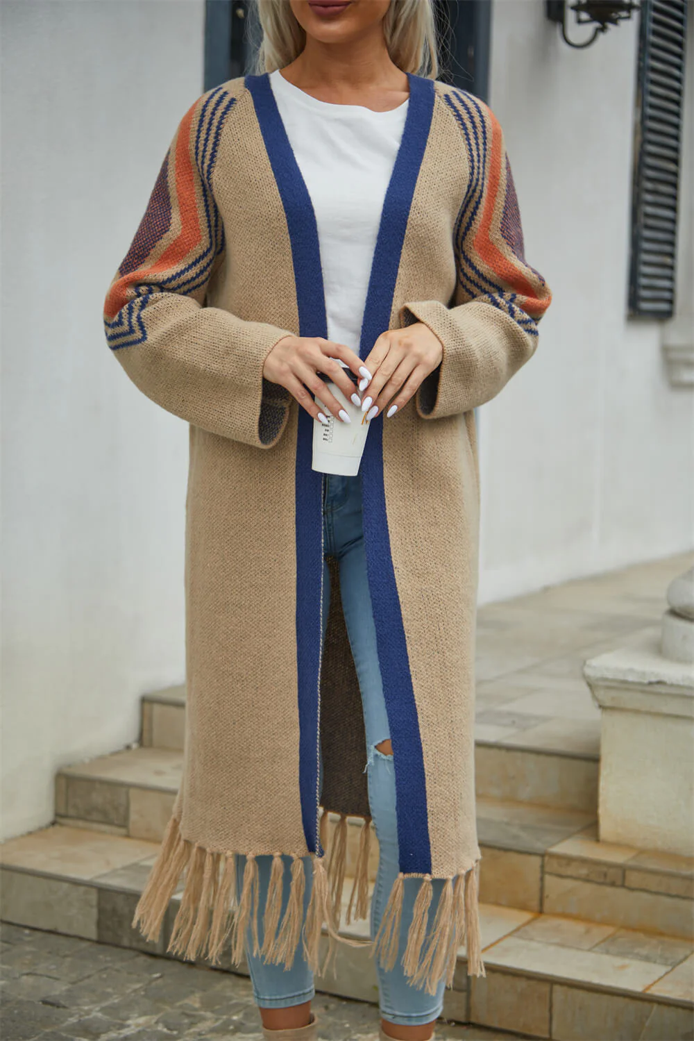 Nemah Fringe Hem Long Cardigan - Khaki - Image 3