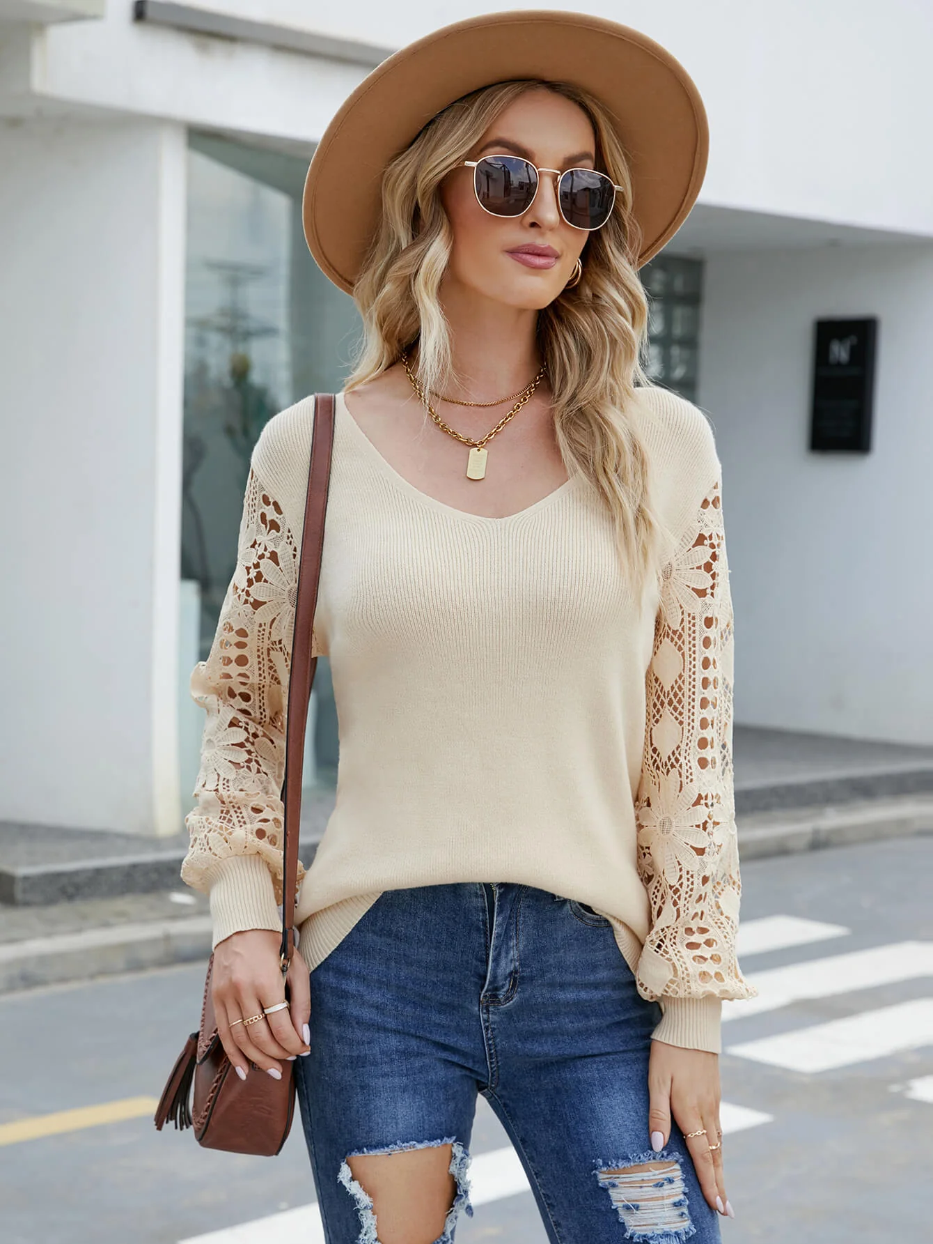 NOTEPAD EMBROIDERED LACE SLEEVE KNIT SWEATER - BEIGE - Image 5