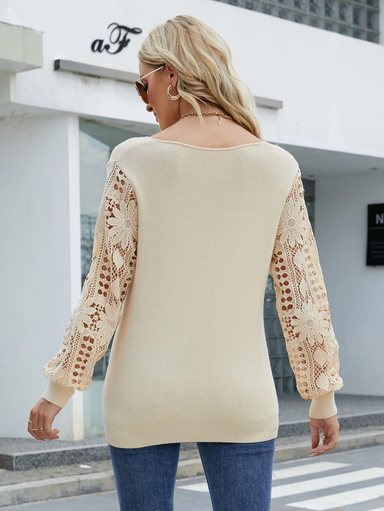 NOTEPAD EMBROIDERED LACE SLEEVE KNIT SWEATER - BEIGE - Image 6