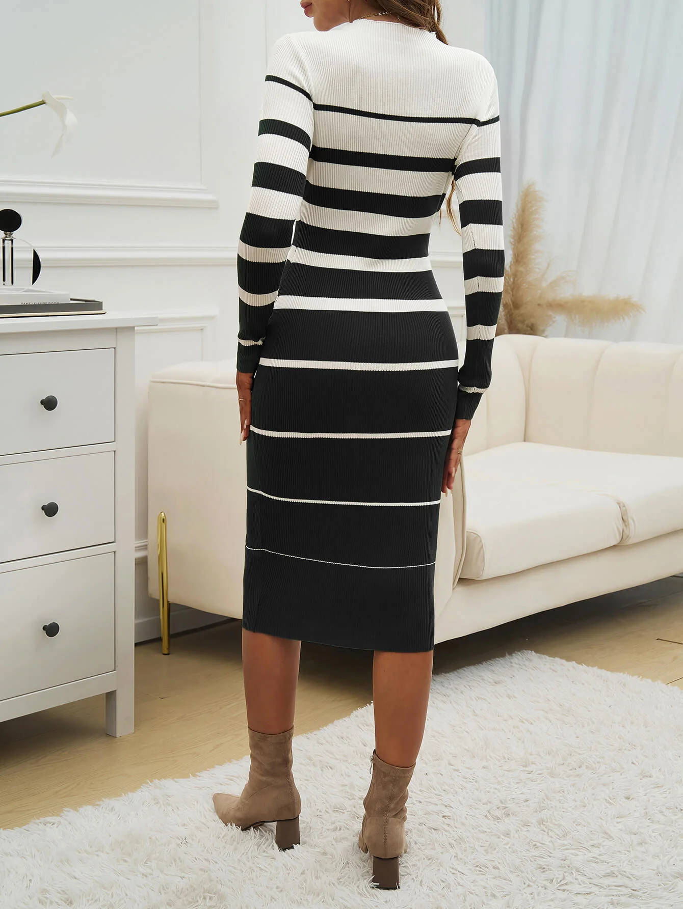 On the Boardwalk Striped Midi Sweater Dress - Black - Image 4