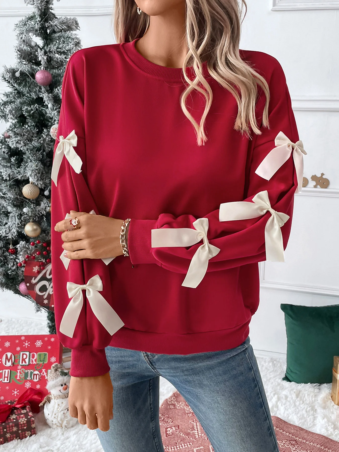 Only Christmas Lace Bow Pullover Sweater