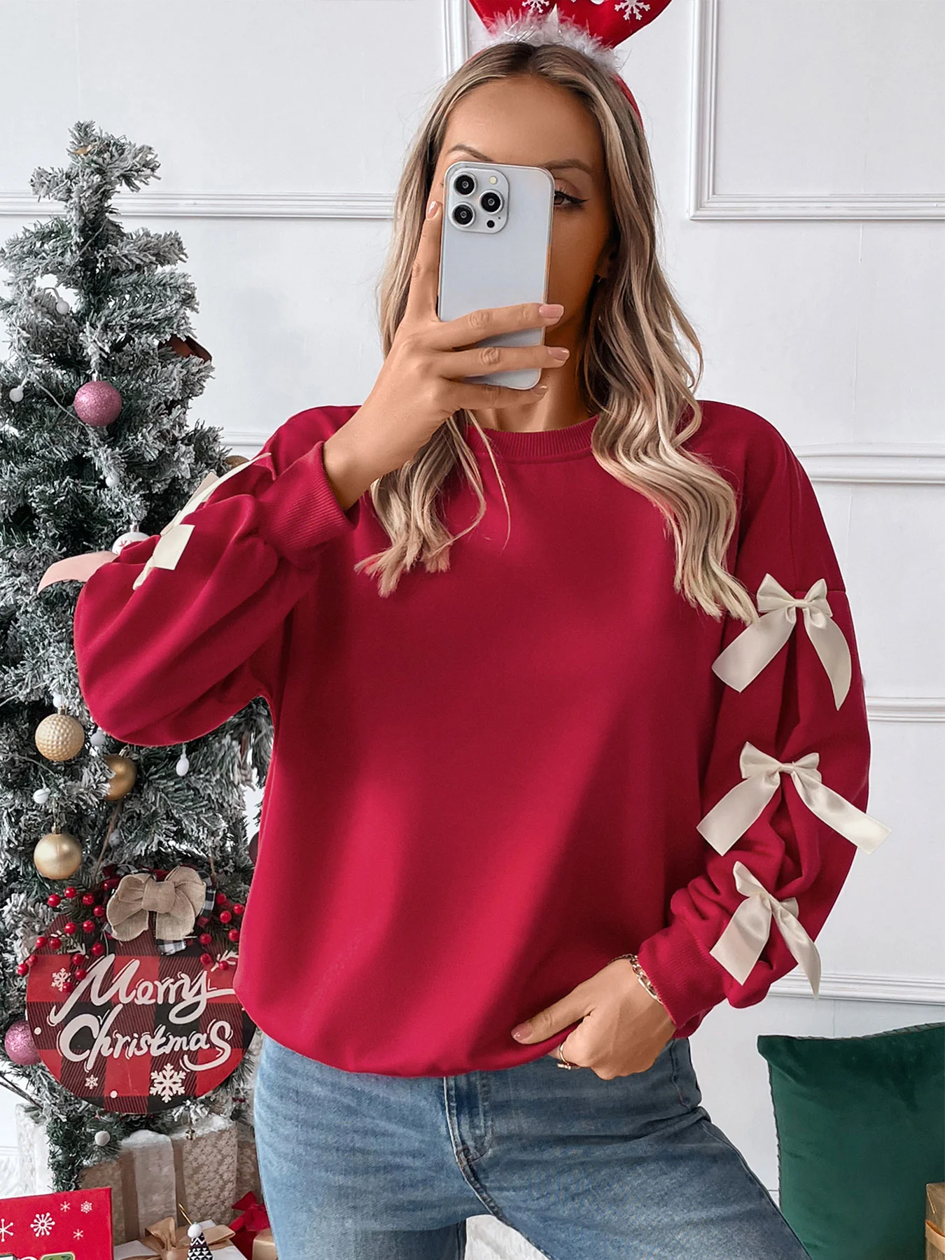 Only Christmas Lace Bow Pullover Sweater - Image 3