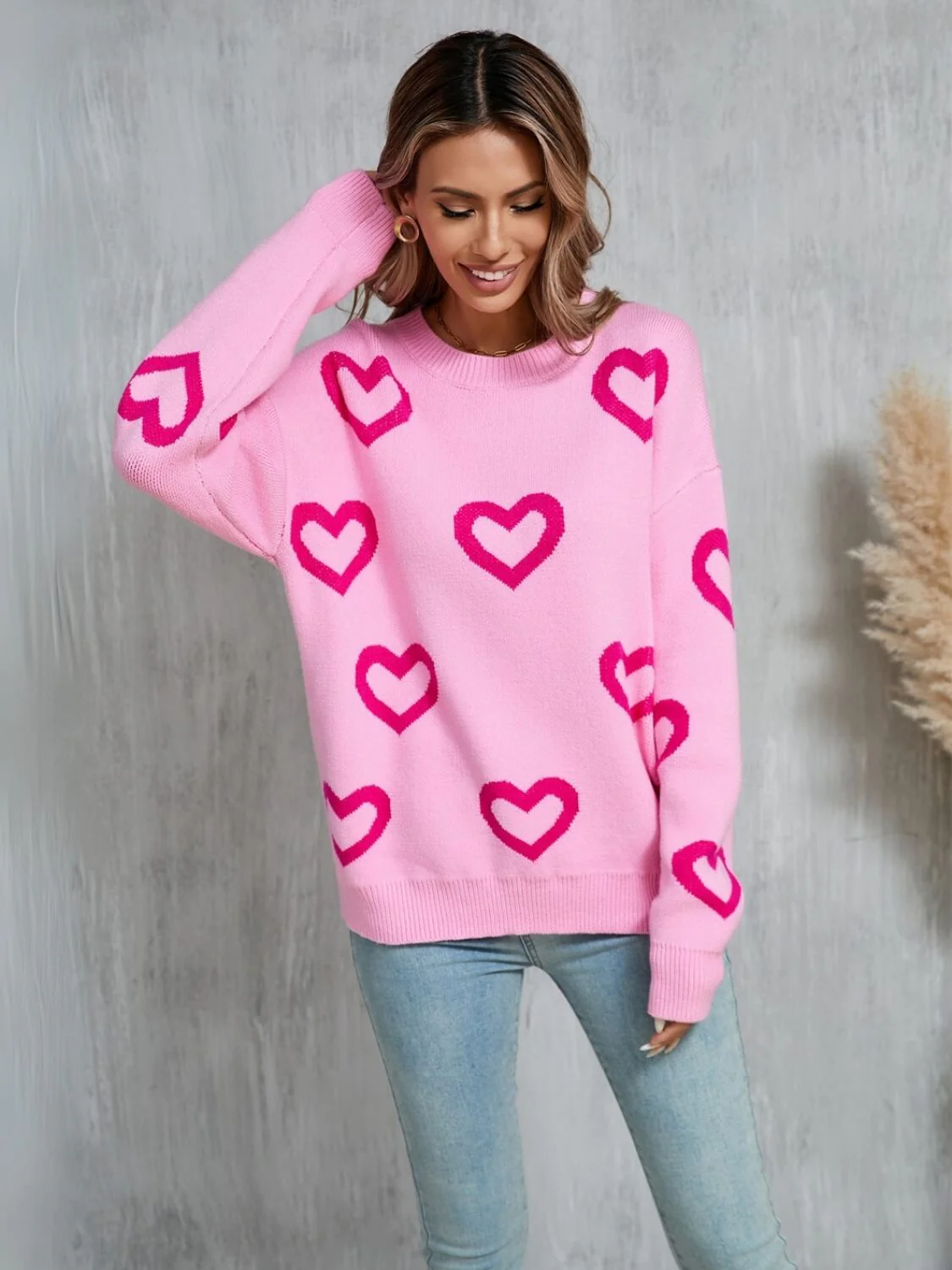 Open To Love Heart Prints Knit Sweater - Pink - Image 2