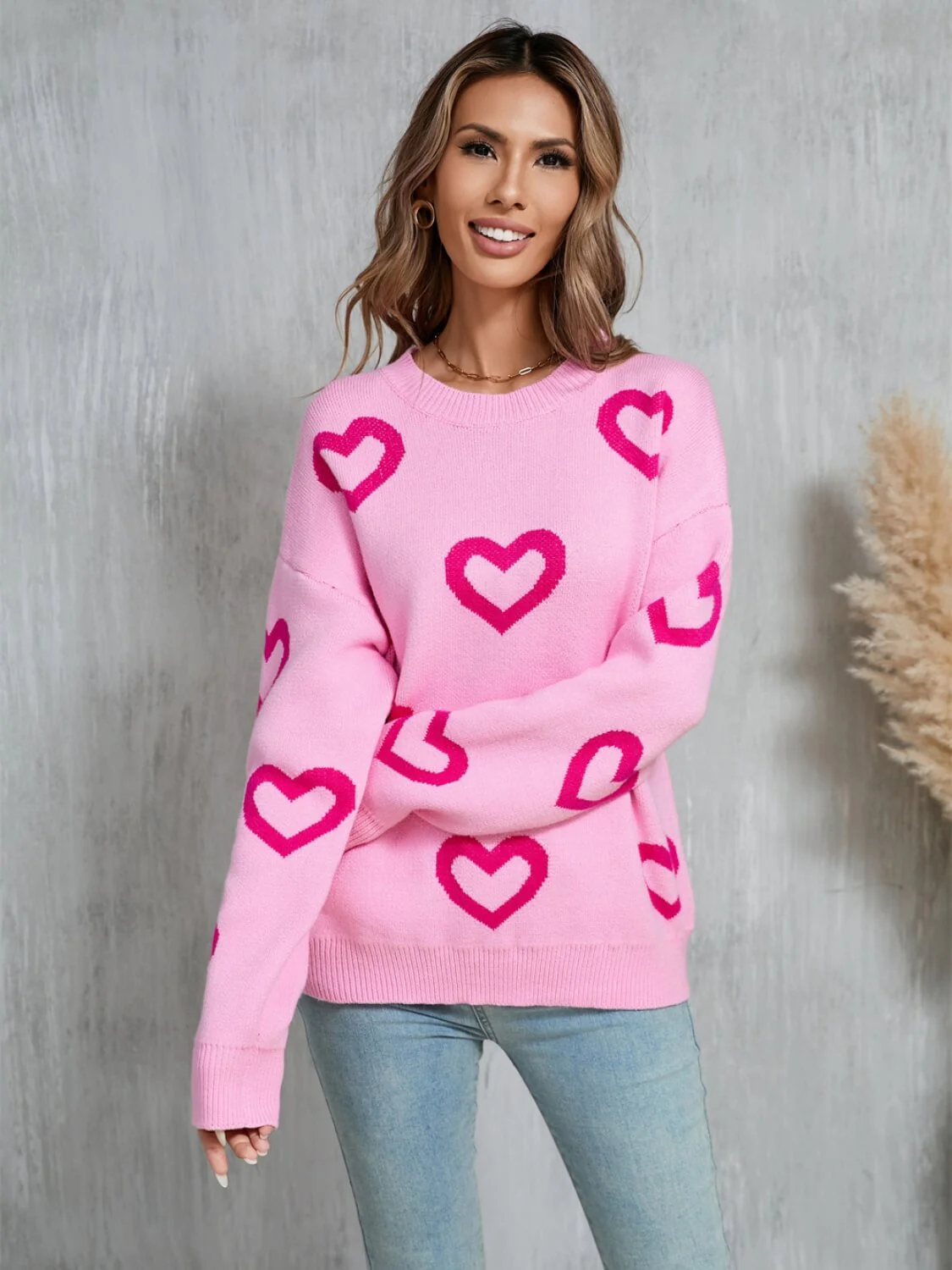Open To Love Heart Prints Knit Sweater - Pink - Image 3