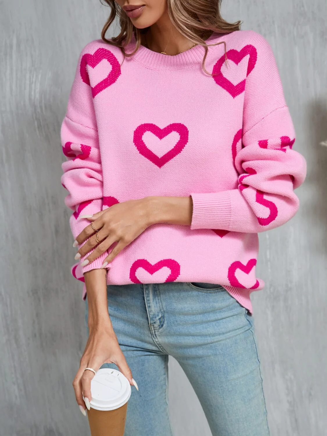 Open To Love Heart Prints Knit Sweater - Pink - Image 6
