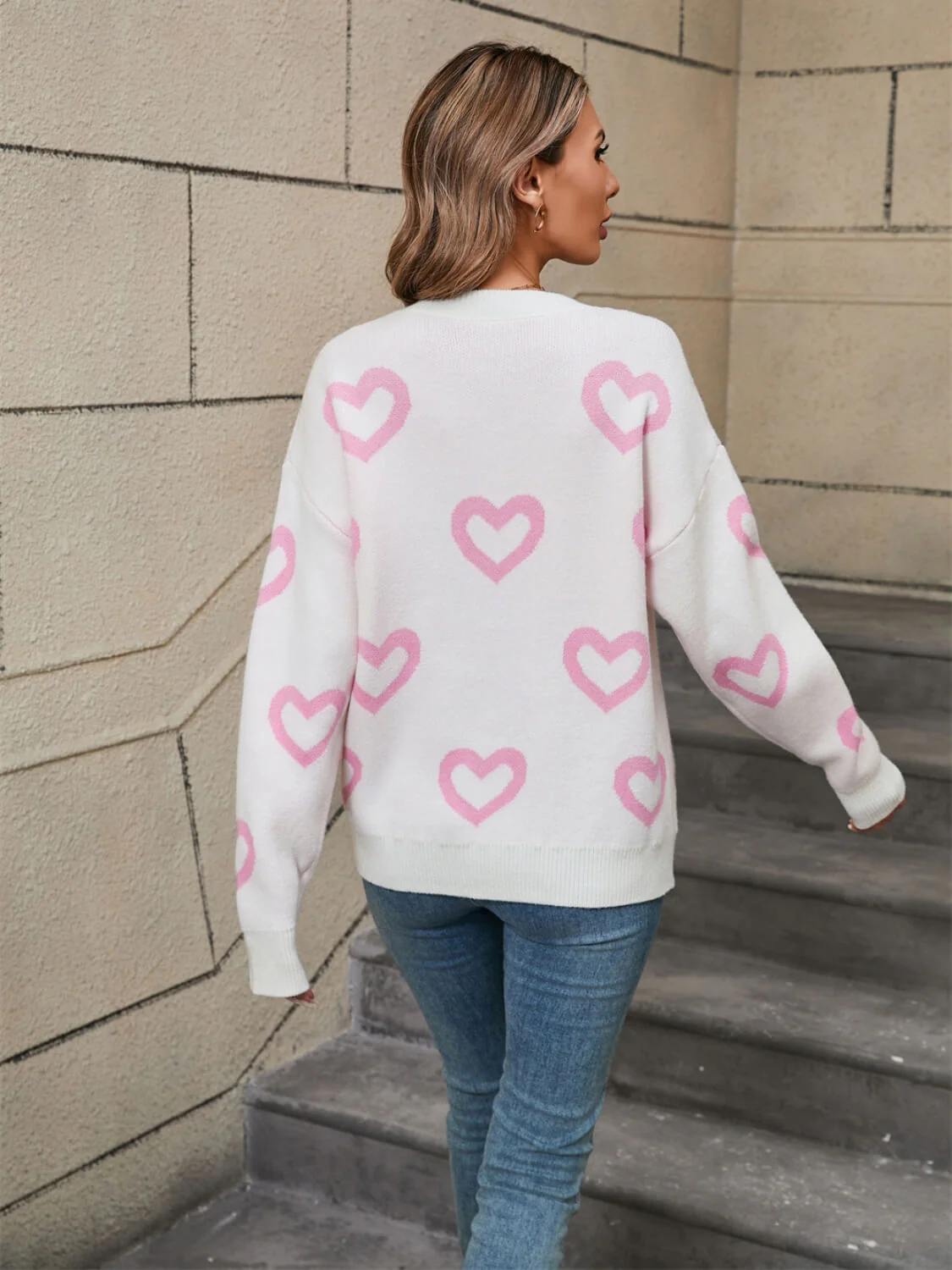 Open To Love Heart Prints Knit Sweater - White - Image 5