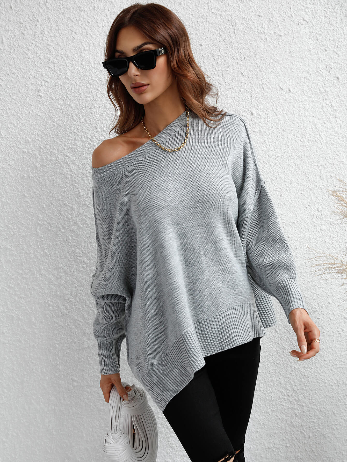 OVERSIZED BATWING SLEEVE KNIT SWEATER - GREY - Image 2