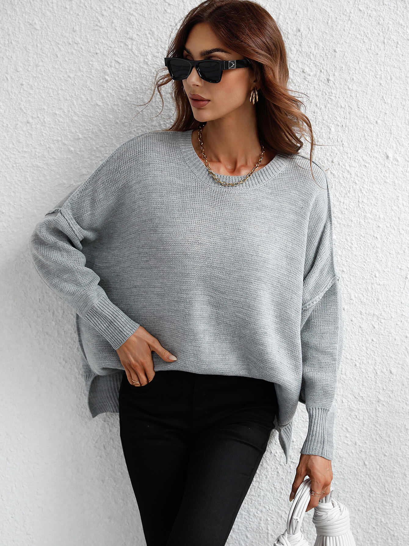 OVERSIZED BATWING SLEEVE KNIT SWEATER - GREY - Image 3