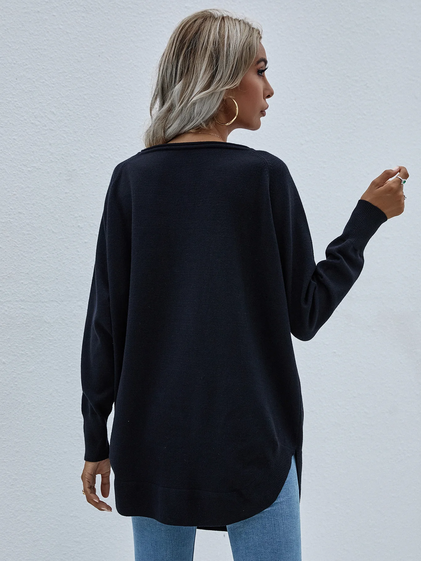 OVERSIZED COLLARED DOWN KNIT SWEATER - BLACK - Image 3
