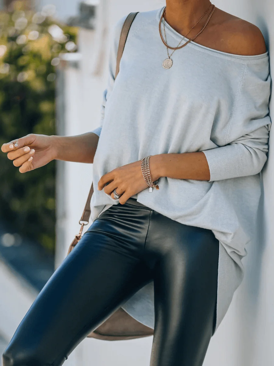 OVERSIZED COLLARED DOWN KNIT SWEATER - STONE BLUE - Image 4