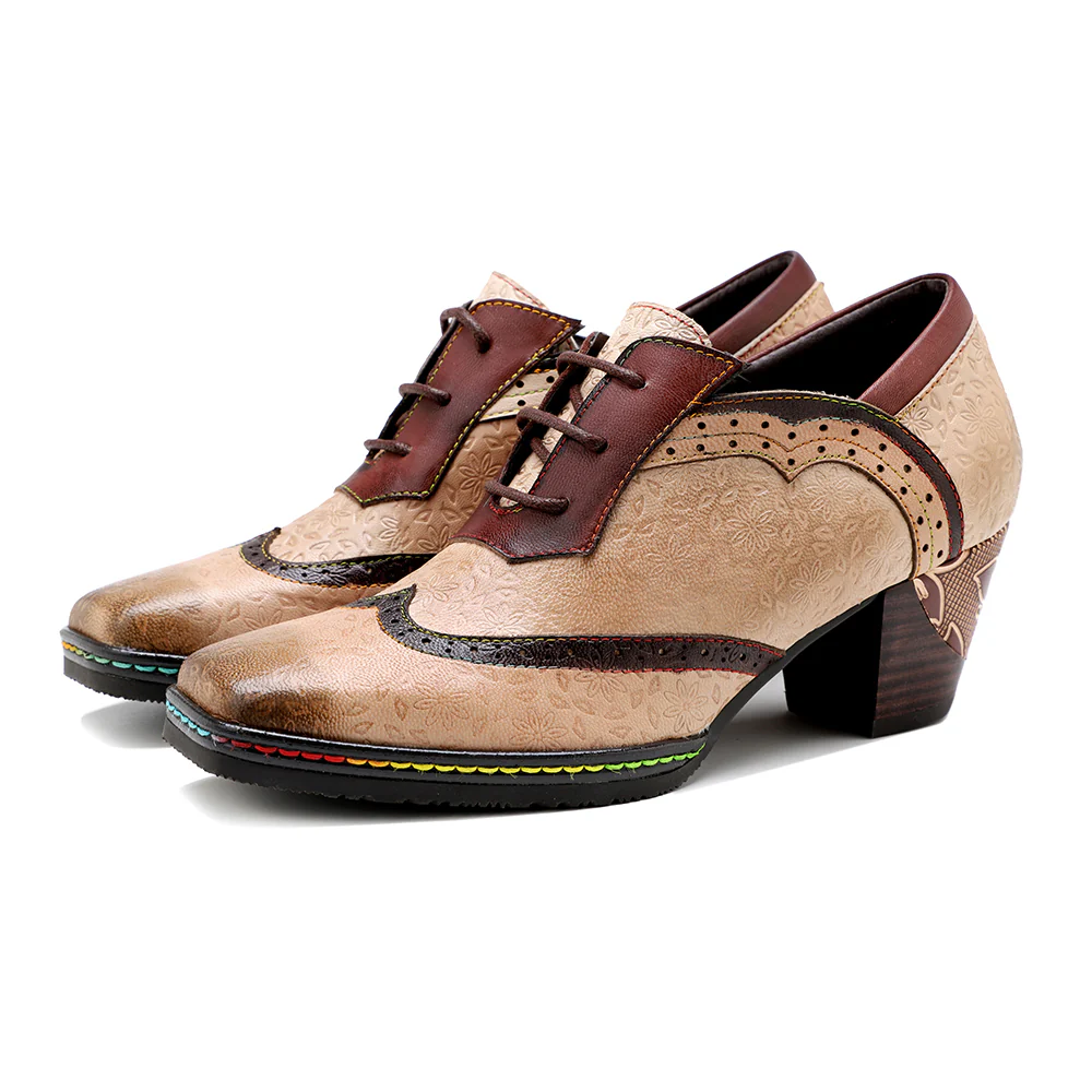 SOFFIA | Genuine Leather Floral Embossed Adele Low Heel Oxford Shoes - Image 4