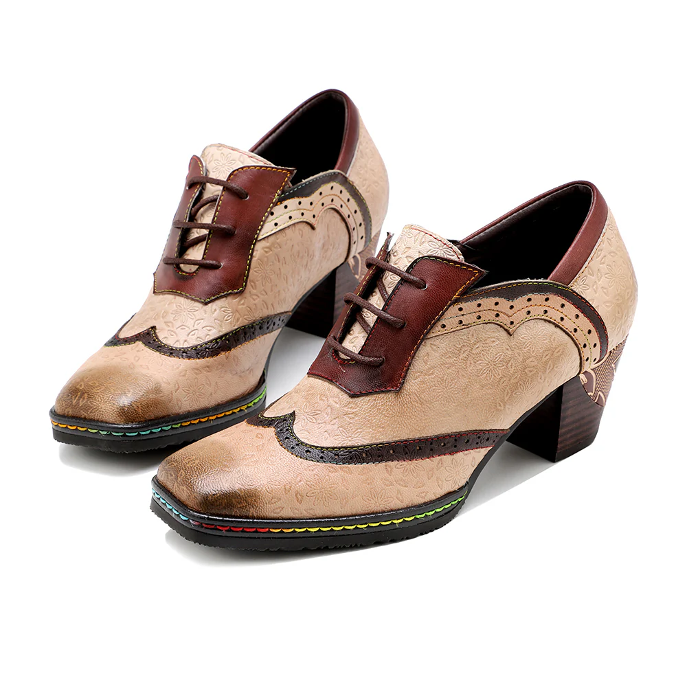 SOFFIA | Genuine Leather Floral Embossed Adele Low Heel Oxford Shoes - Image 5