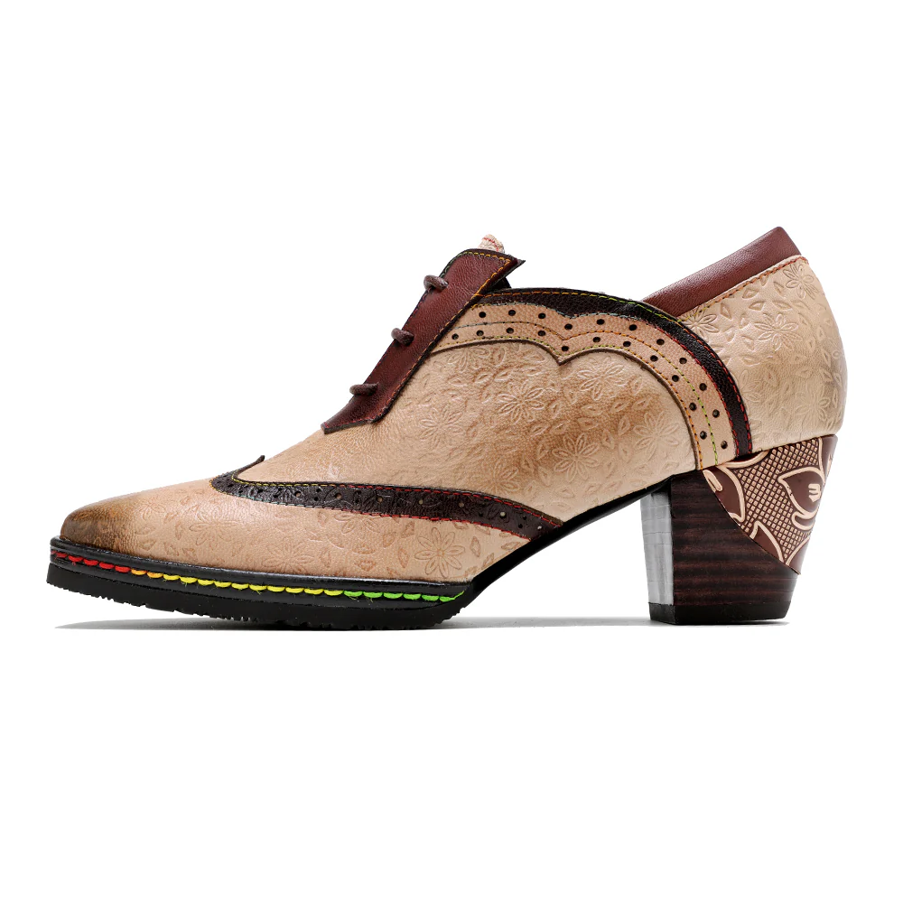 SOFFIA | Genuine Leather Floral Embossed Adele Low Heel Oxford Shoes - Image 7