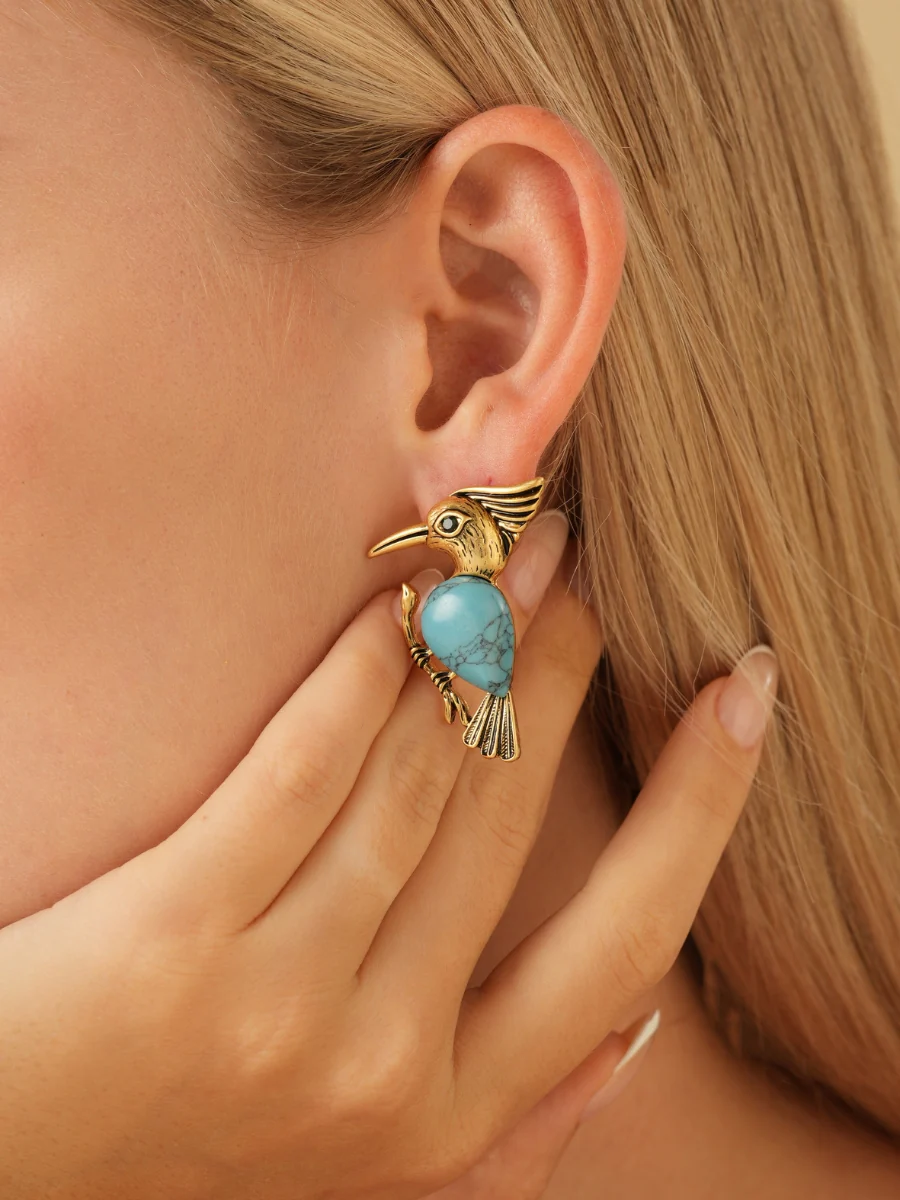 Pecker Chalchite Gold Plated Stud Earrings - Image 2