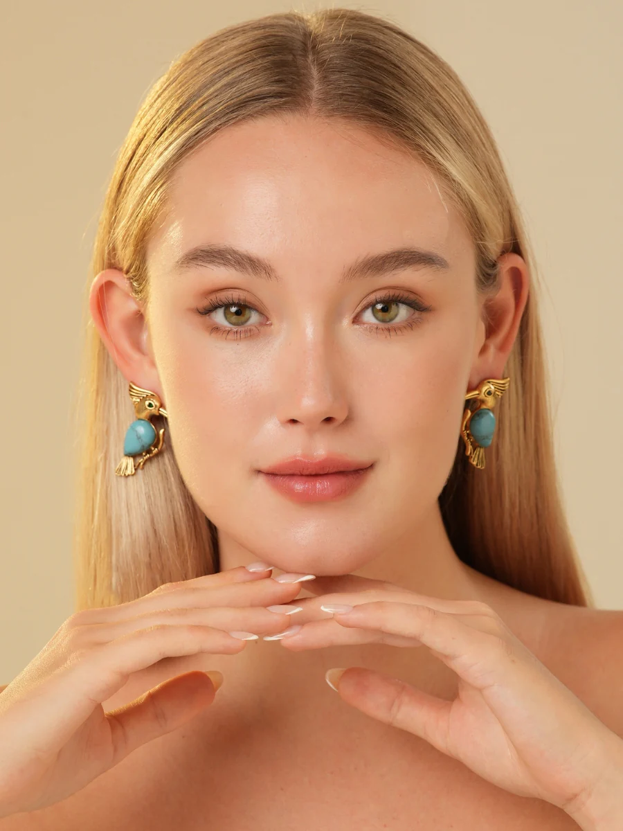 Pecker Chalchite Gold Plated Stud Earrings - Image 3