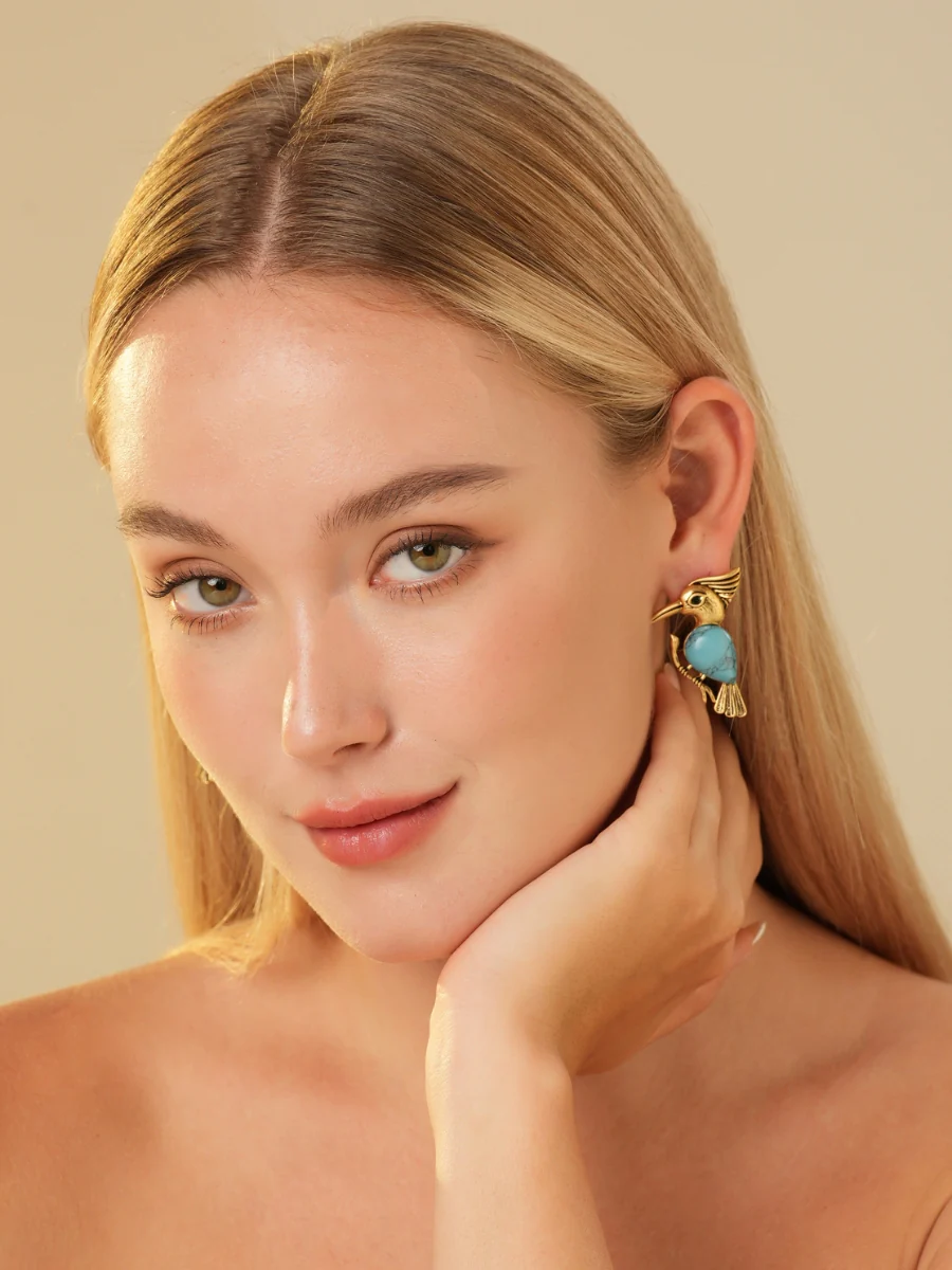 Pecker Chalchite Gold Plated Stud Earrings - Image 5
