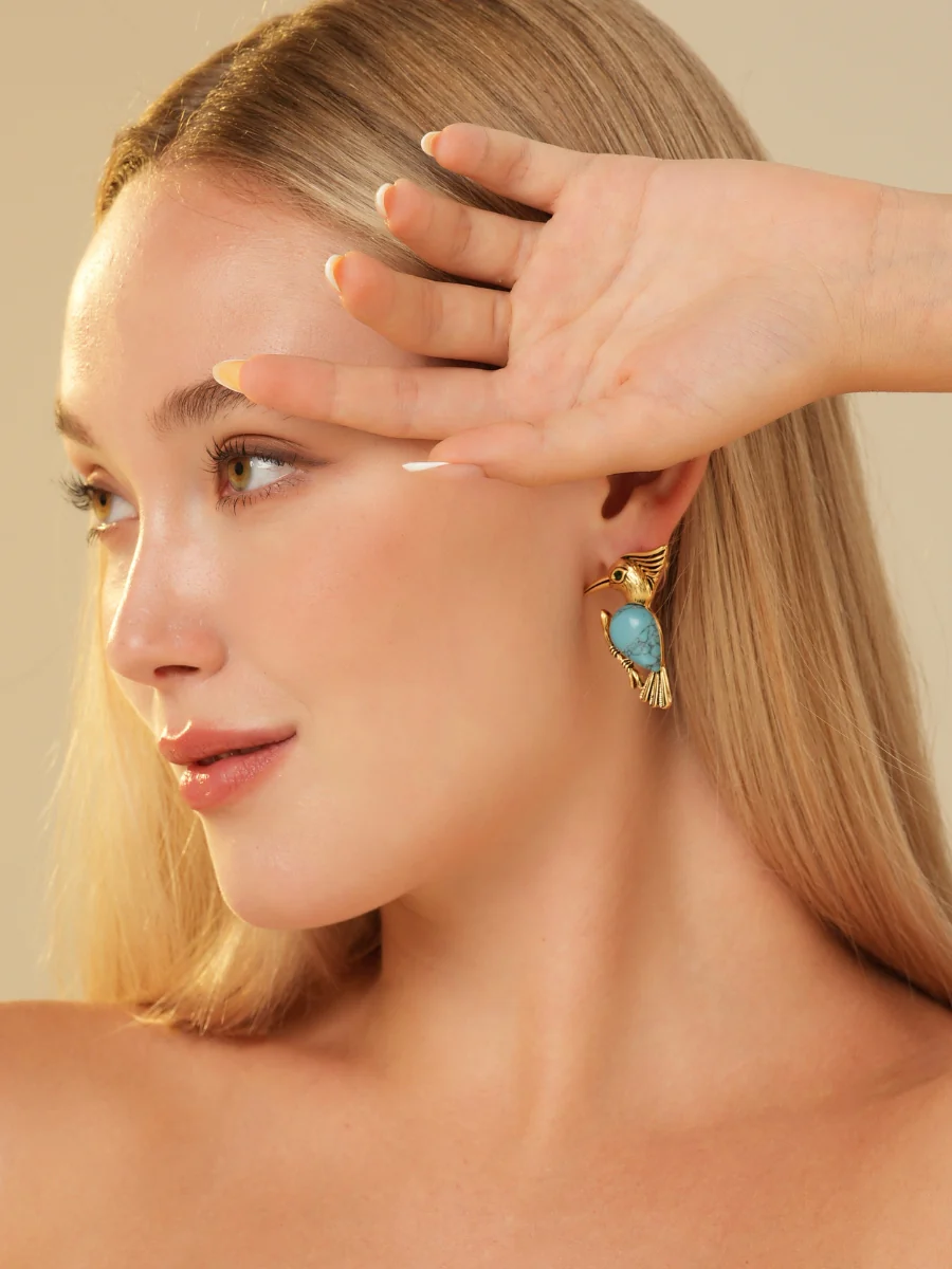 Pecker Chalchite Gold Plated Stud Earrings - Image 6