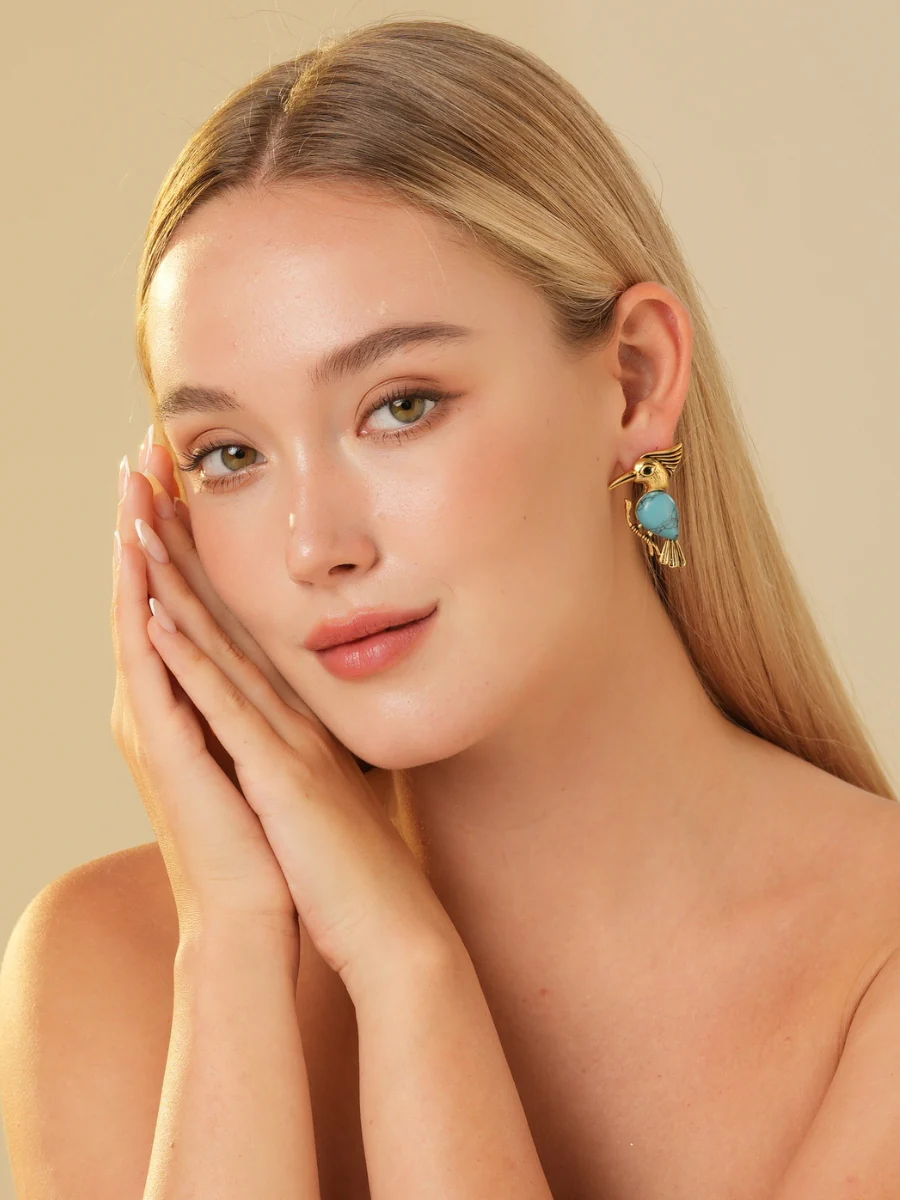 Pecker Chalchite Gold Plated Stud Earrings - Image 7