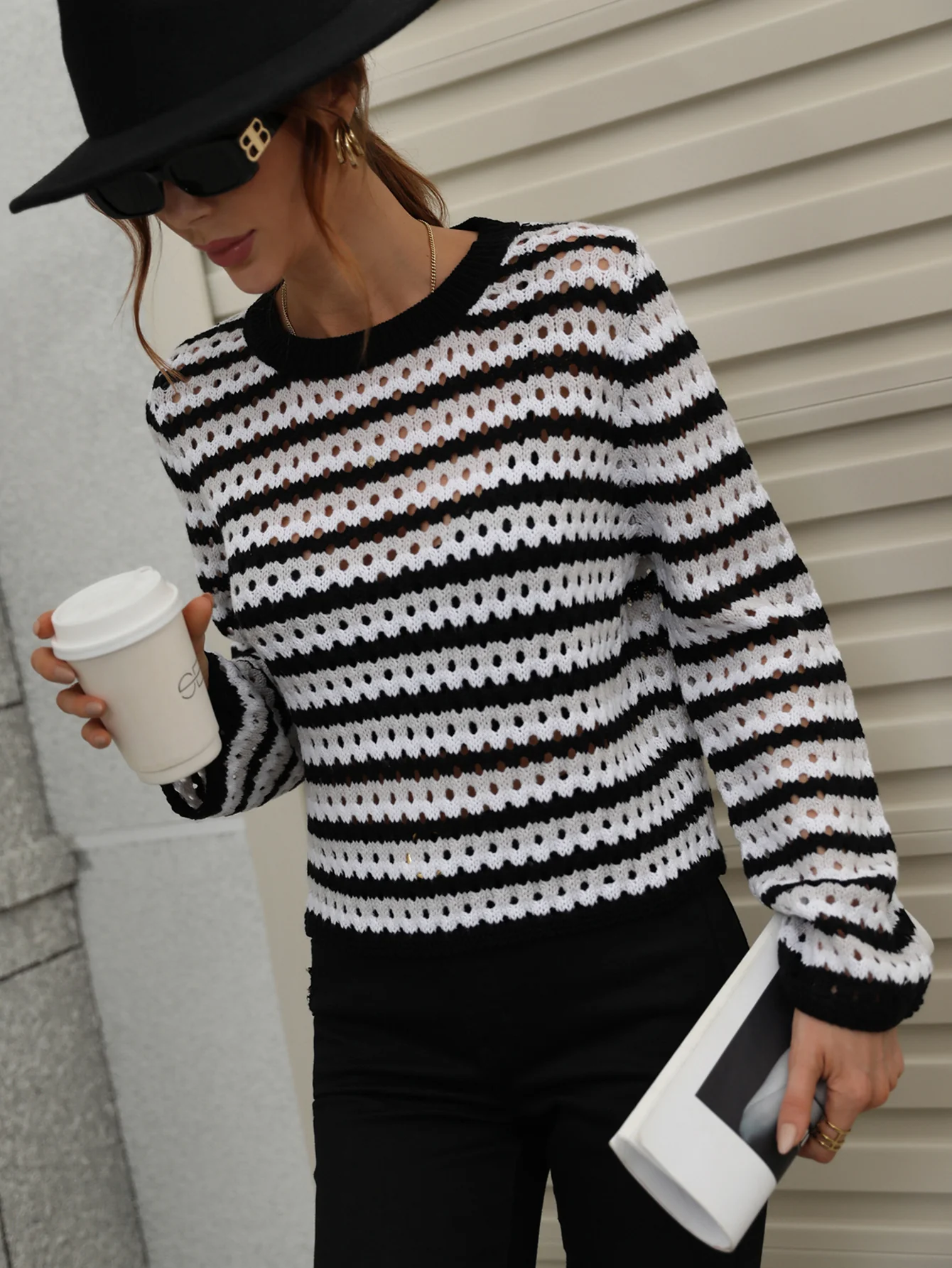 PERFORATED STRIPE PATTERN KNIT TOP - BLACK - Image 4