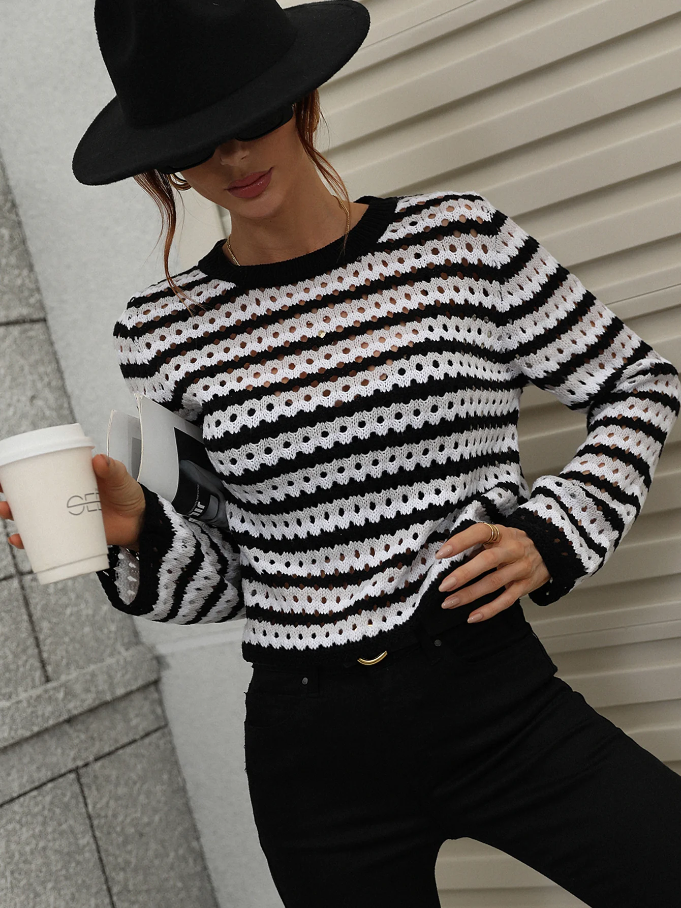 PERFORATED STRIPE PATTERN KNIT TOP - BLACK - Image 6