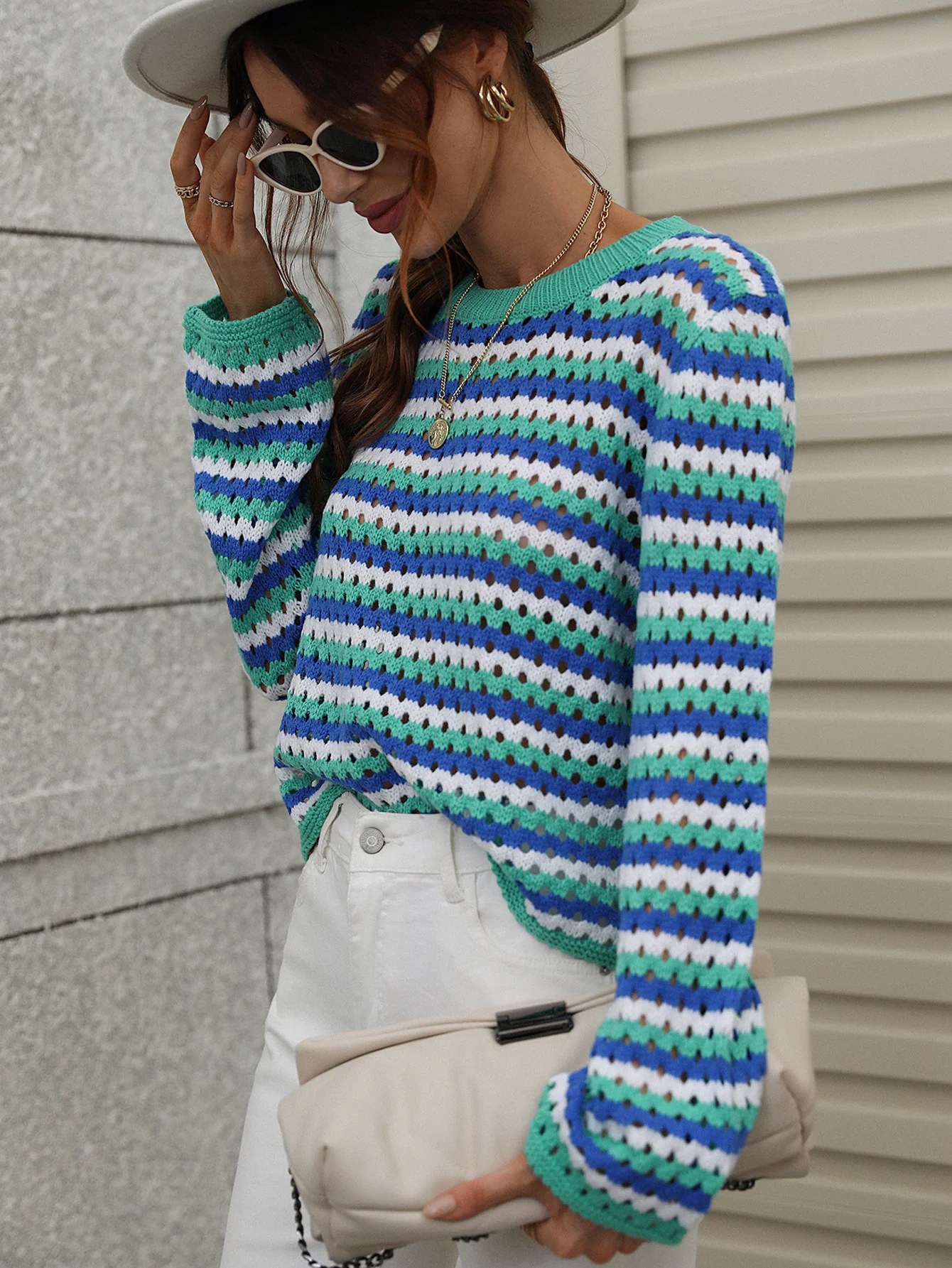 PERFORATED STRIPE PATTERN KNIT TOP - BLUE - Image 2