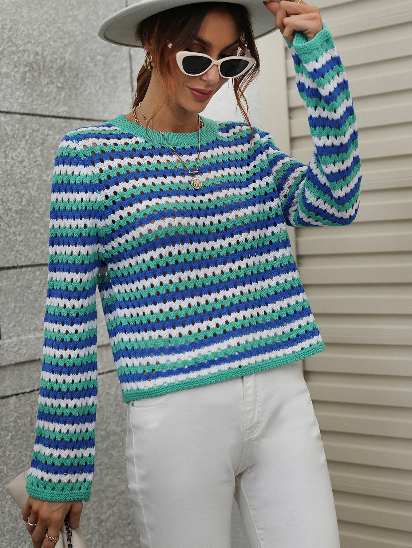 PERFORATED STRIPE PATTERN KNIT TOP - BLUE - Image 4