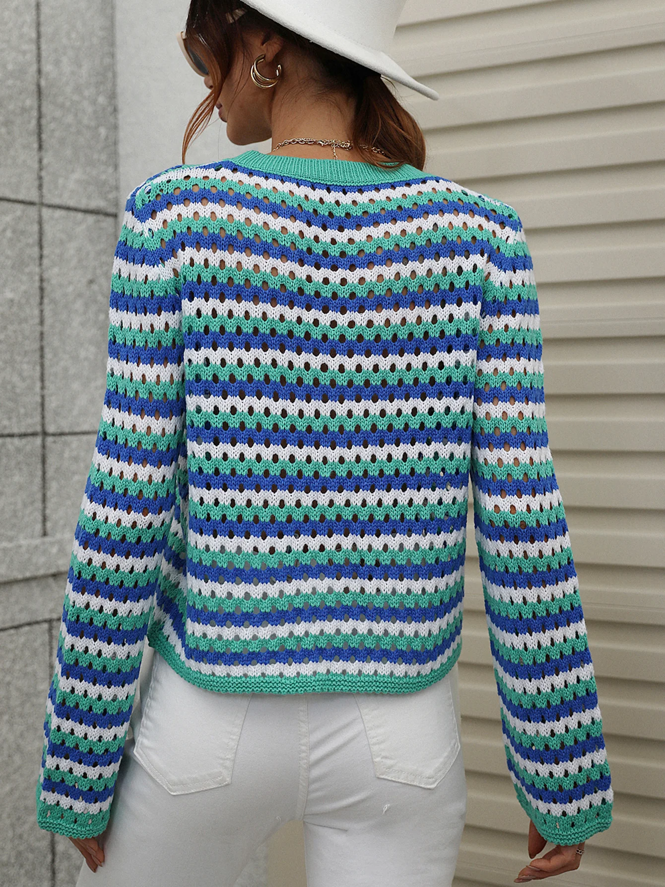 PERFORATED STRIPE PATTERN KNIT TOP - BLUE - Image 6
