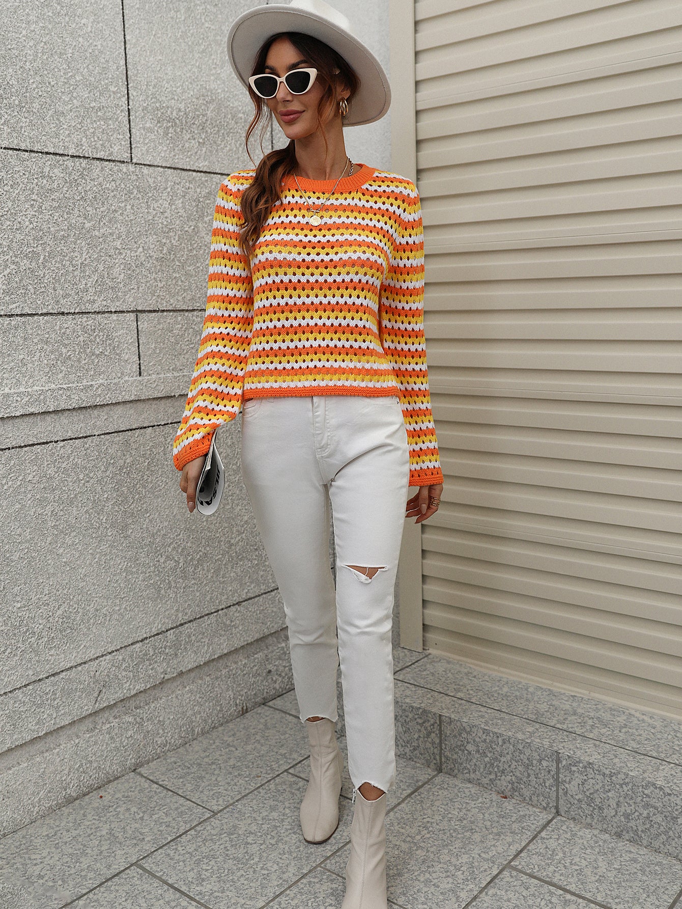 PERFORATED STRIPE PATTERN KNIT TOP - ORANGE - Image 2